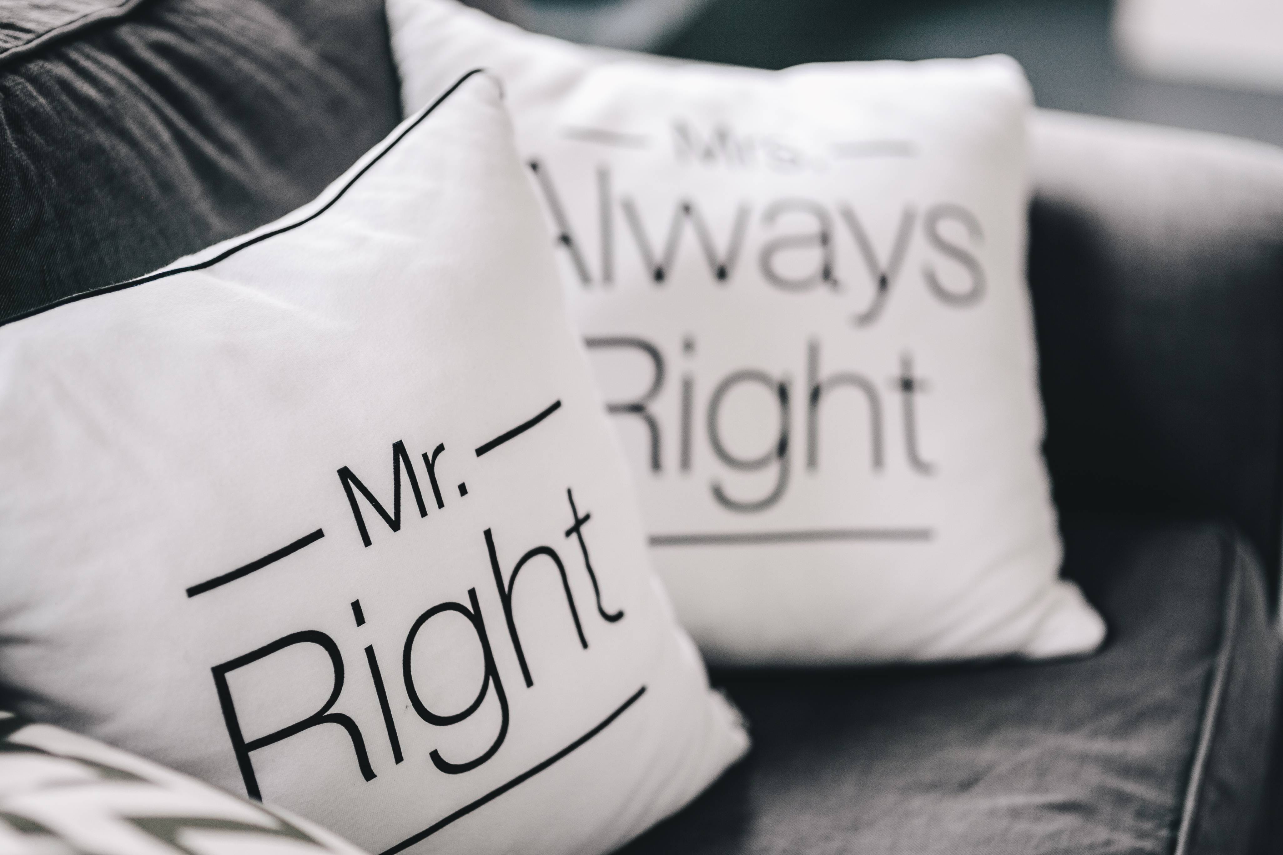 selective focus, Mr Right, cushion, Always, communication, bed, single word, sofa, funny, quote, writing, close-up, marriaged, indoors, pillowcase, Mrs, HD Wallpaper