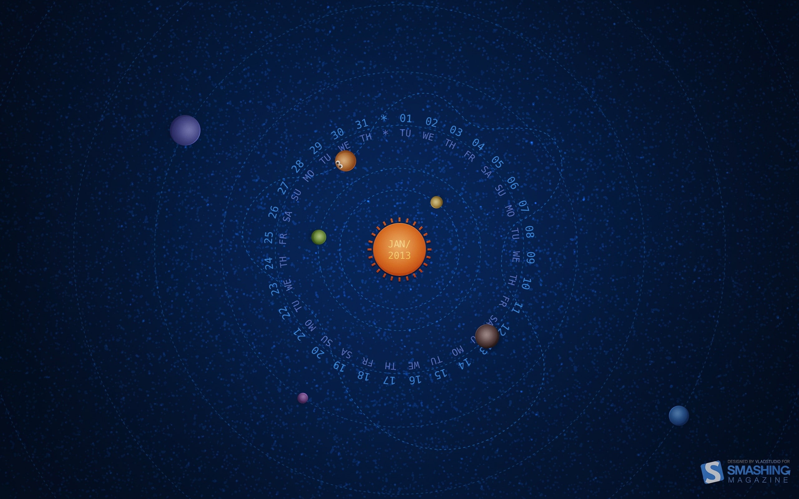 solar, artwork, Calendar, Magazine, Smashing, background, sun, 2K, Circles, planets, January, system, blue, HD Wallpaper