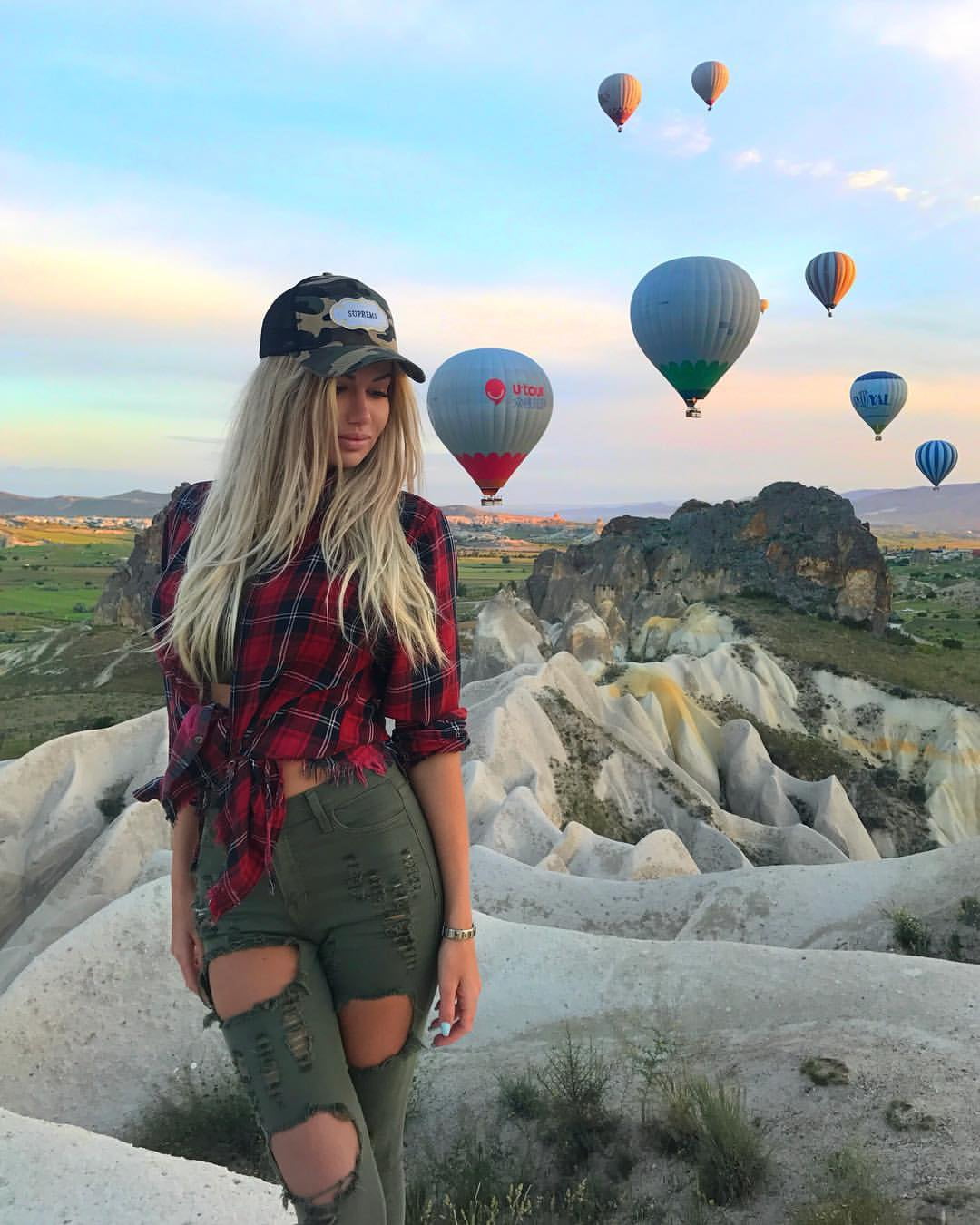 hot air balloons, young adult, transportation, rock - object, women, solid, blonde, Russian Model, hairstyle, balloon, ripped clothes, cloud - sky, hot air balloon, Phone HD Wallpaper