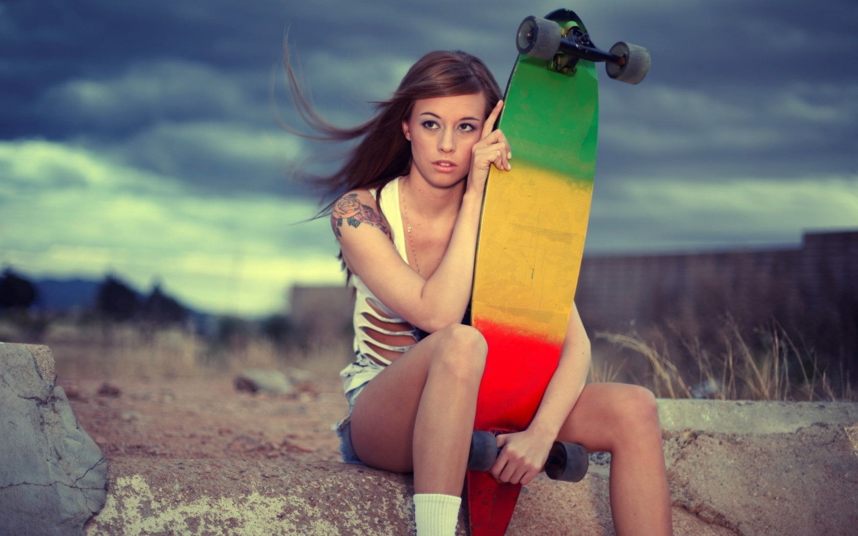 nature, one person, day, real people, sky, land, young adult, cloud - sky, ripped clothing, women outdoors, longboard, focus on foreground, 720P, holding, HD Wallpaper