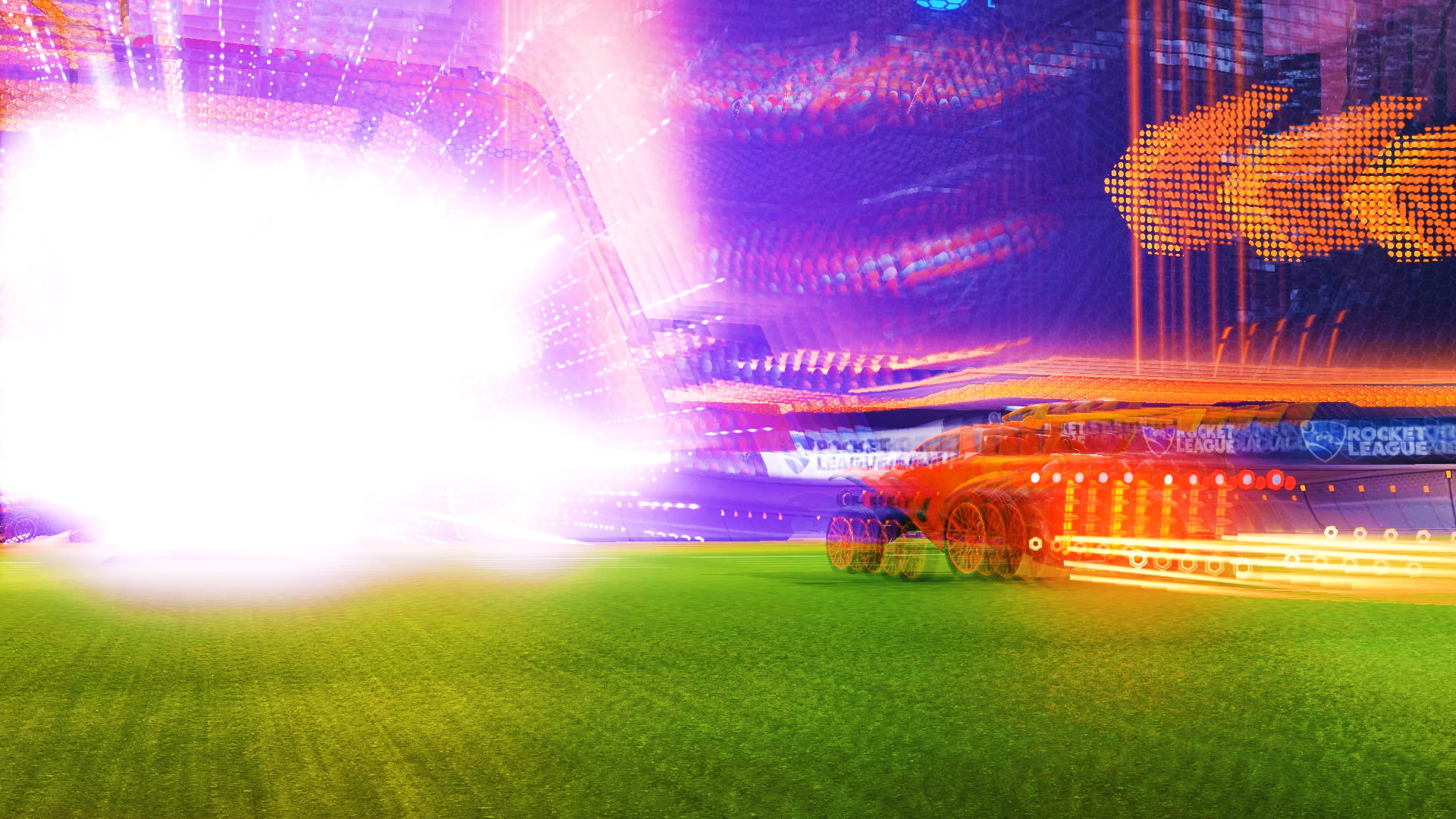Rocket League, building exterior, multi colored, sport, city, architecture, lens flare, Goal Explosion, green color, motion, sky, glowing, illuminated, HD Wallpaper