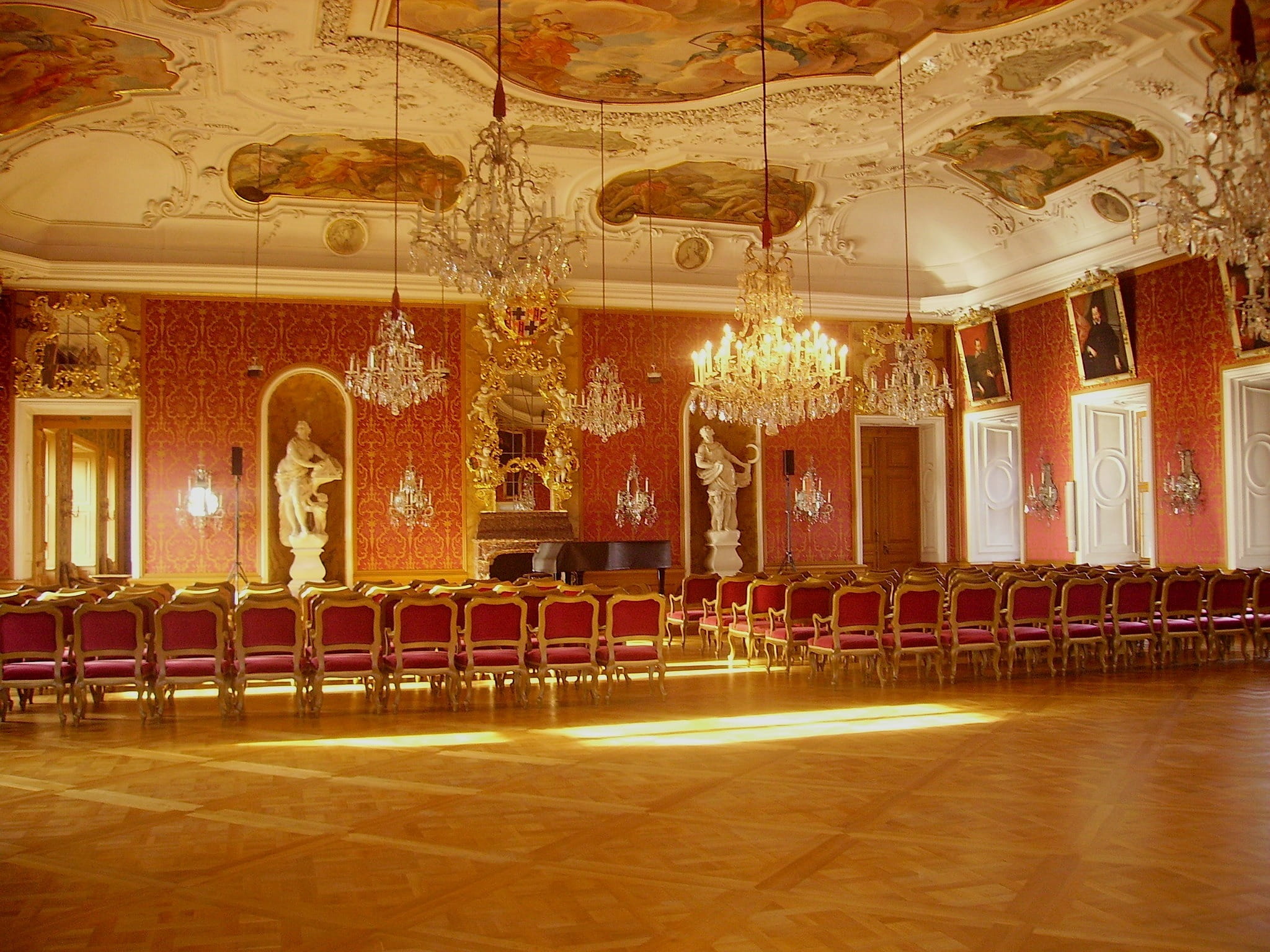 chairs, landmark, built structure, building, interior, luxurious, castle, painted, inside, white, ornate, fresco, seat, arts culture and entertainment, HD Wallpaper