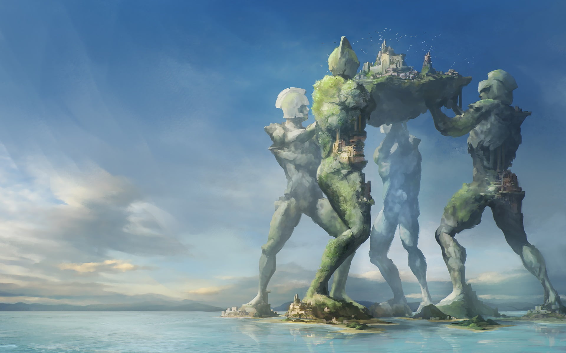 sea, sky, castle, art and craft, creativity, statue, male likeness, no people, outdoors, artwork, nature, 1080P, digital, day, fantasy art, HD Wallpaper