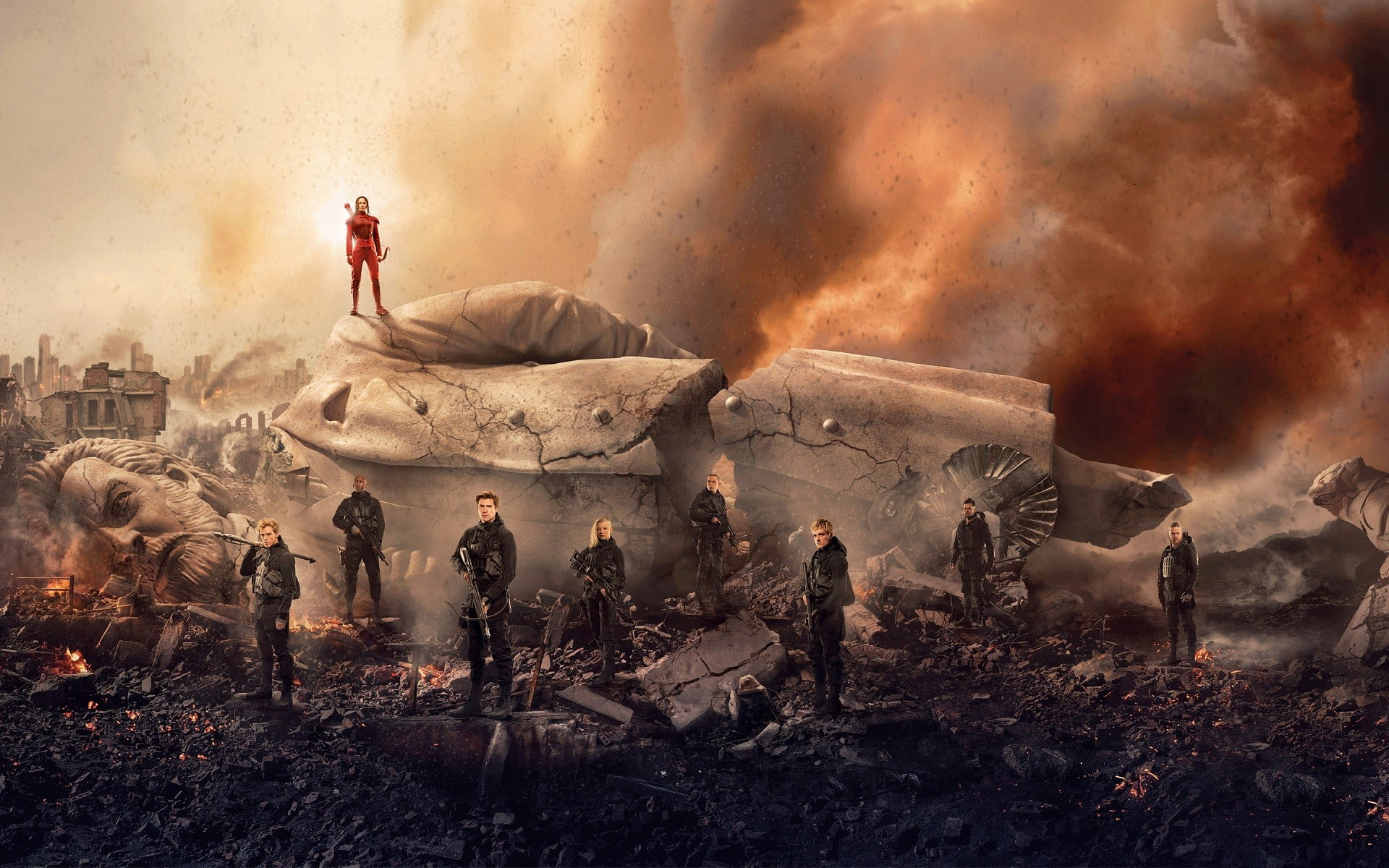 people, smoke - physical structure, land, statue, digital, Hunger Games, dust, movies, fire - natural phenomenon, occupation, working, architecture, HD Wallpaper