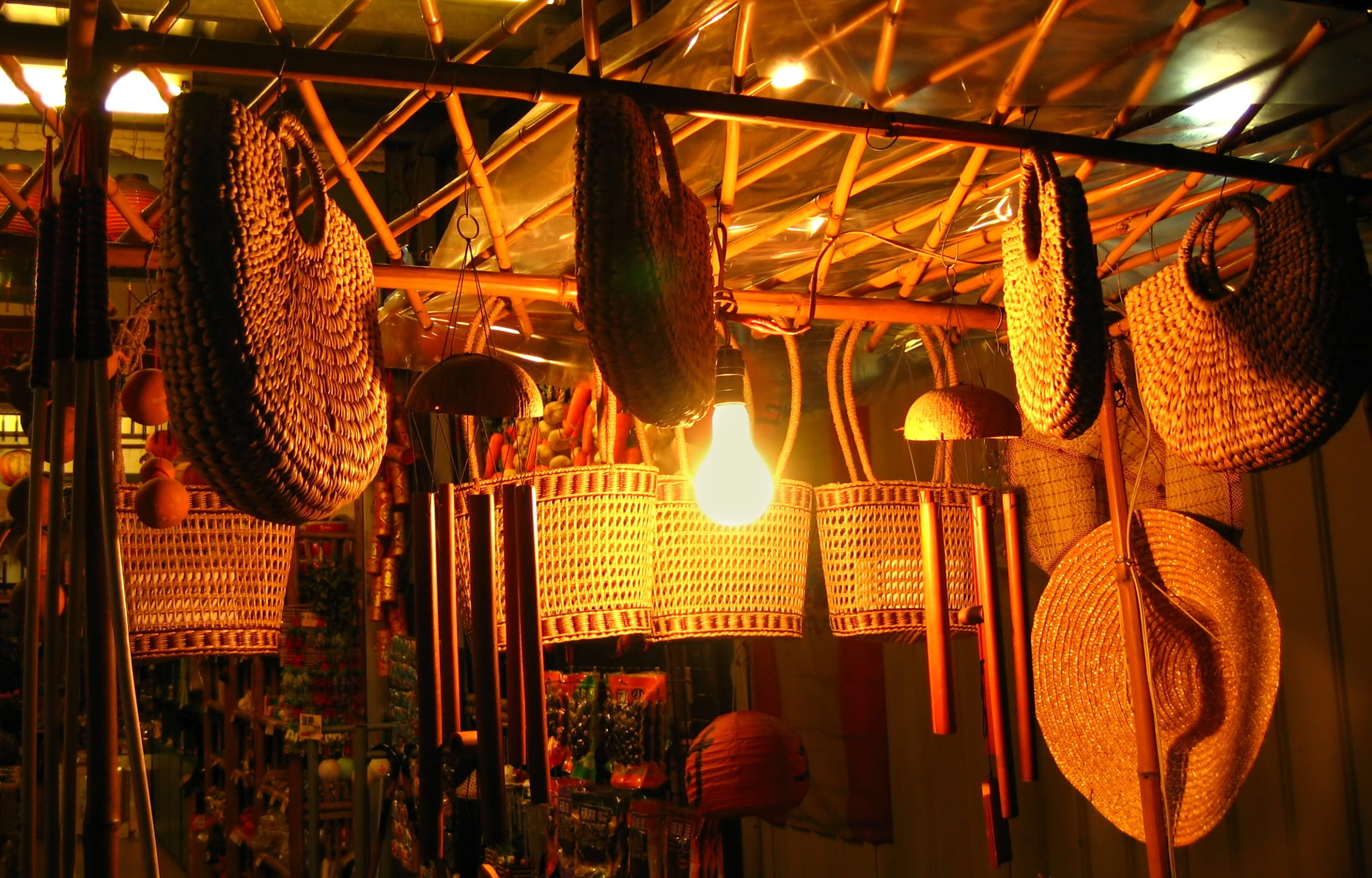 choice, design, store, large group of objects, low angle view, lighting equipment, market, straw, simple, handmade, evening, asia, basket, retail, illuminated, HD Wallpaper