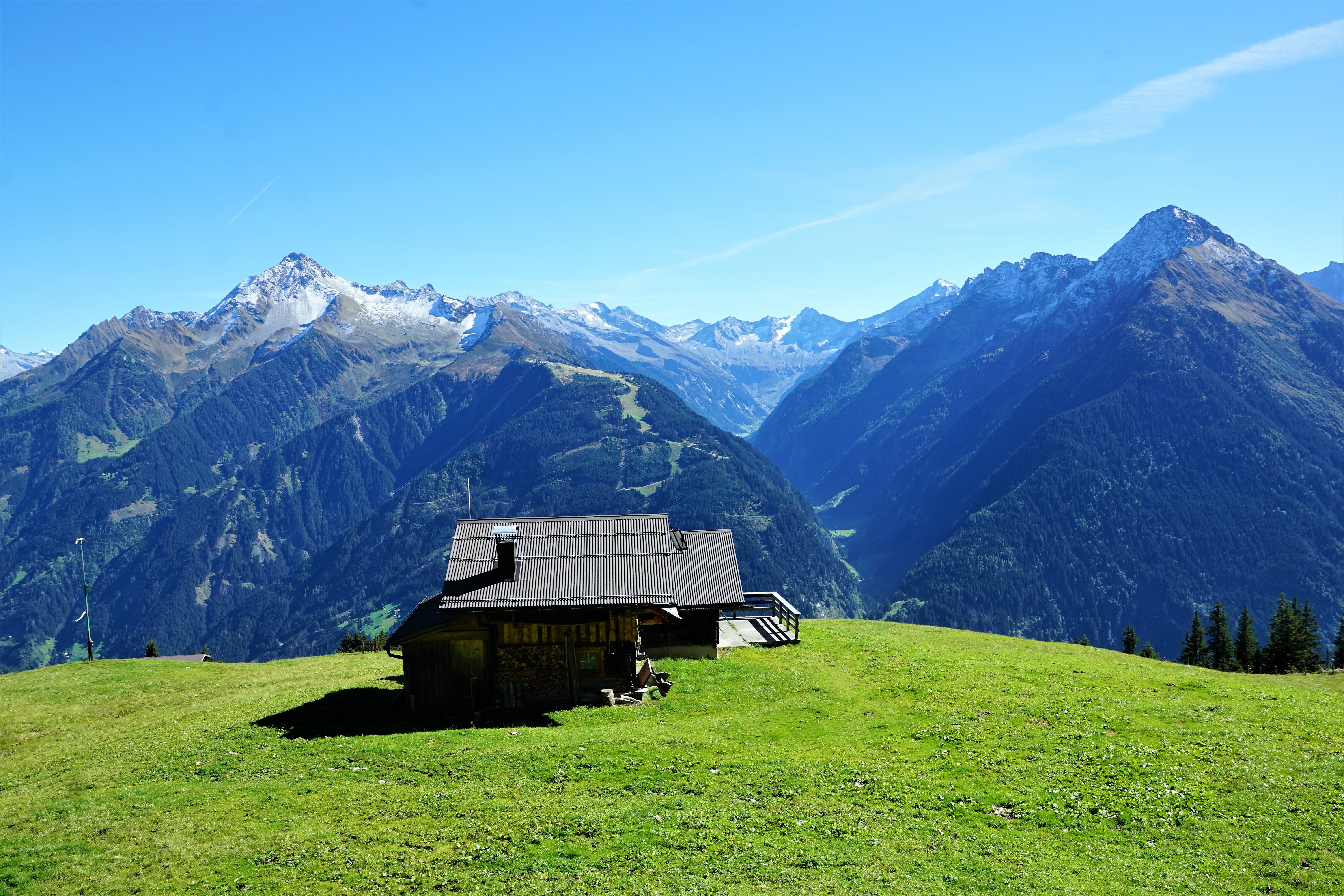 green color, sky, tranquility, day, austria, no people, beauty in nature, built structure, alp output, finkenberg, holidays, summer, architecture, tranquil scene, HD Wallpaper