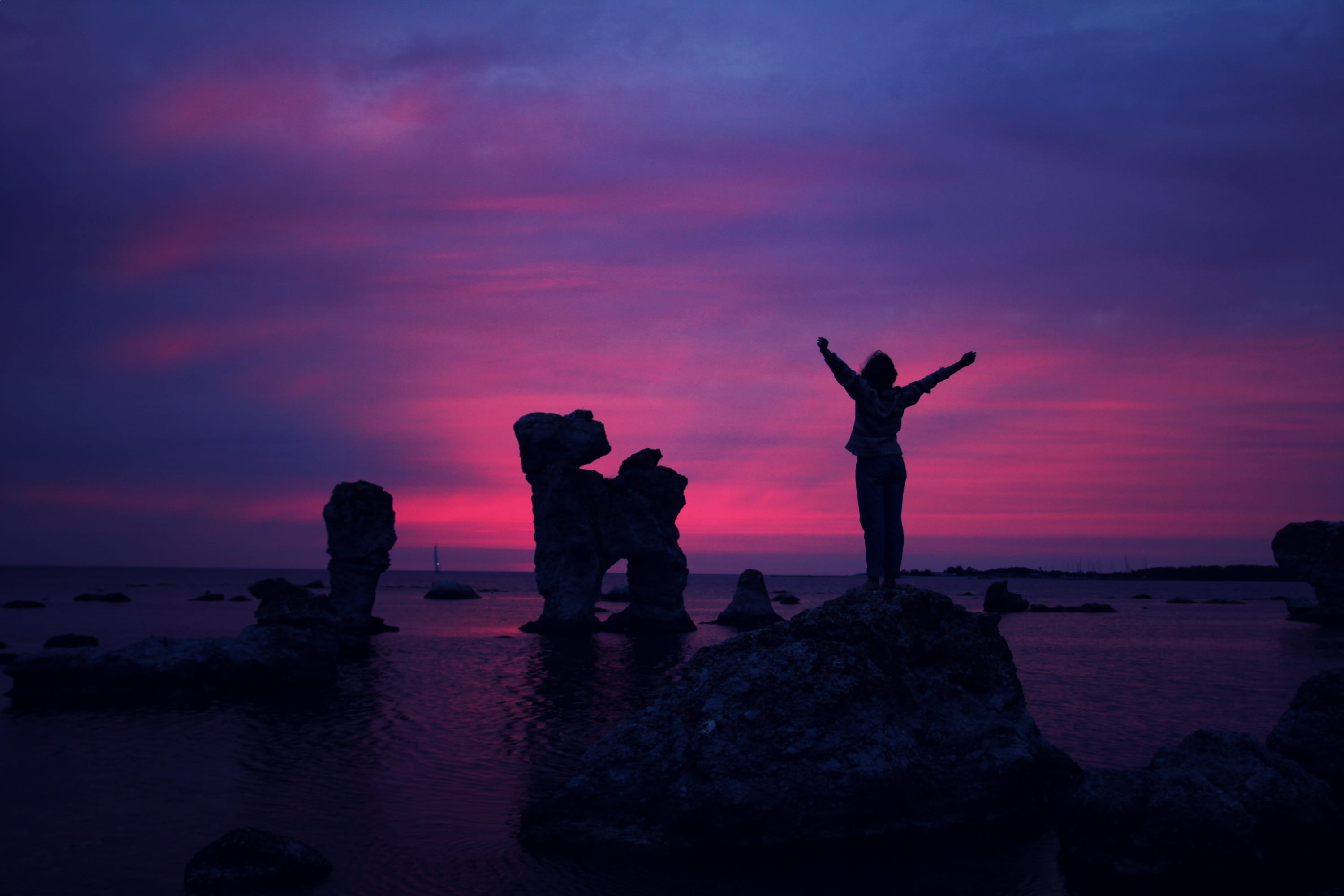 nature, water, dusk, young, sky, people, sunset, success, shore, life, standing, human arm, limb, achieve, ocean, beauty in nature, coast, solid, victory, HD Wallpaper