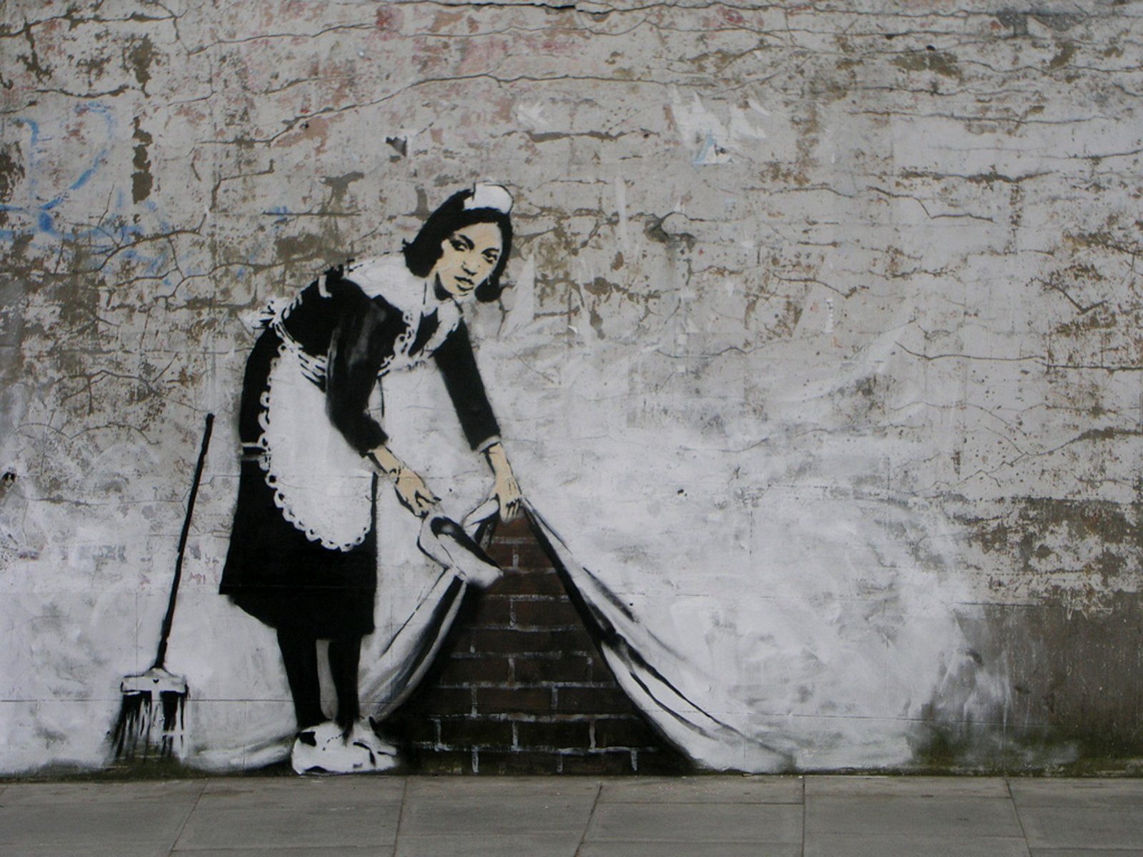 curtain, young adult, Artistic, caucasian Ethnicity, woman, wall - Building Feature, architecture, painting, Banksy, standing, scarf, full length, building exterior, HD Wallpaper