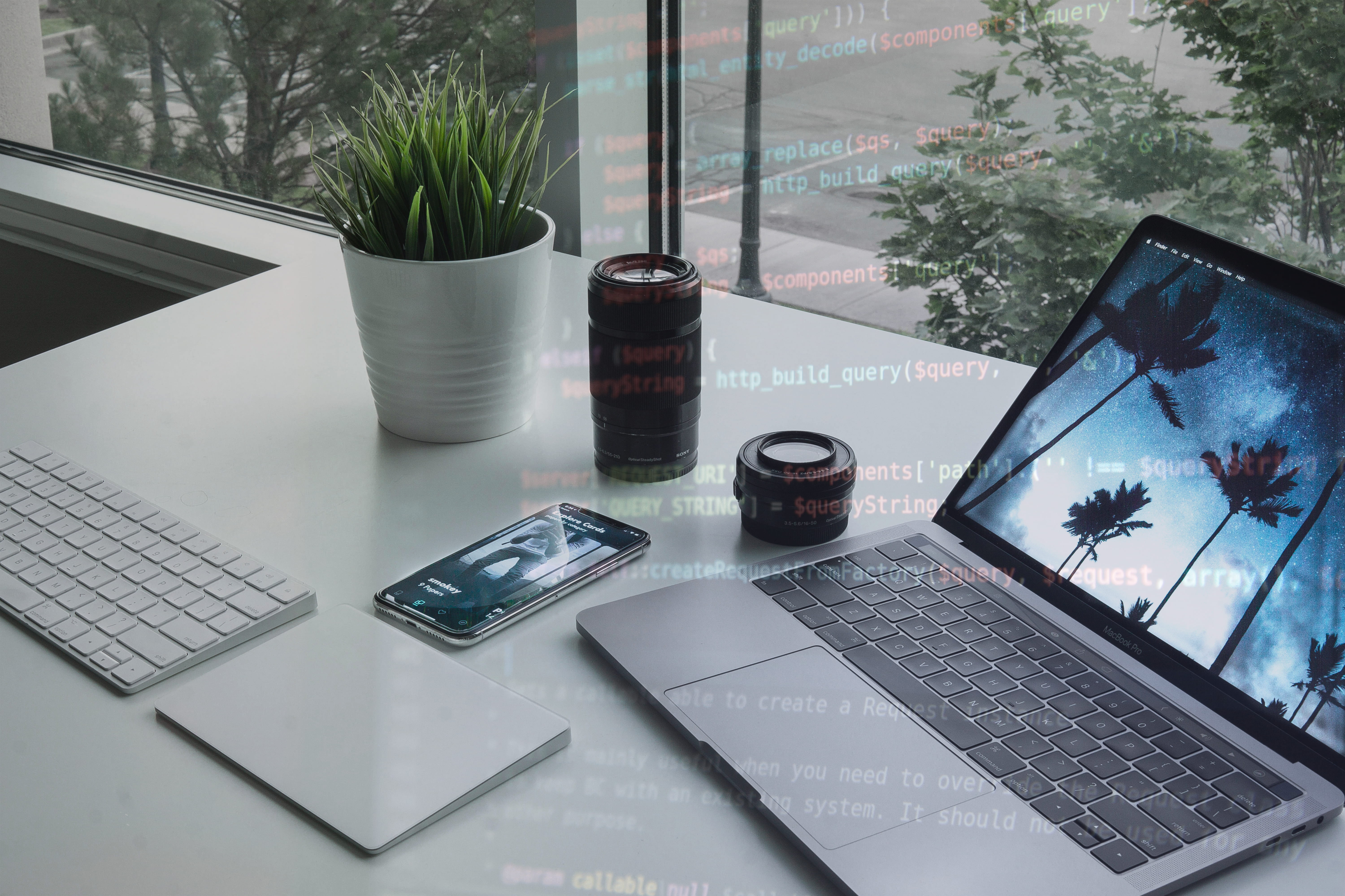 table, coder, code, coffee, shade, magic, computer, 5K, high angle view, flex, still life, trackpad, potted plant, max, glass - material, php, minimal, HD Wallpaper