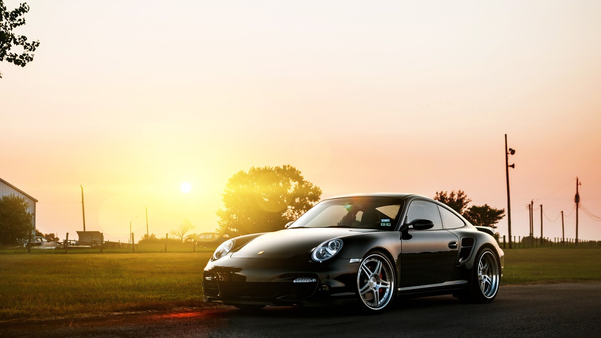 Porsche, mode of transportation, road, sunset, outdoors, plant, luxury, no people, motor vehicle, sun, sunlight, Porsche 911 Turbo, city, car, 1080P, copy space, HD Wallpaper