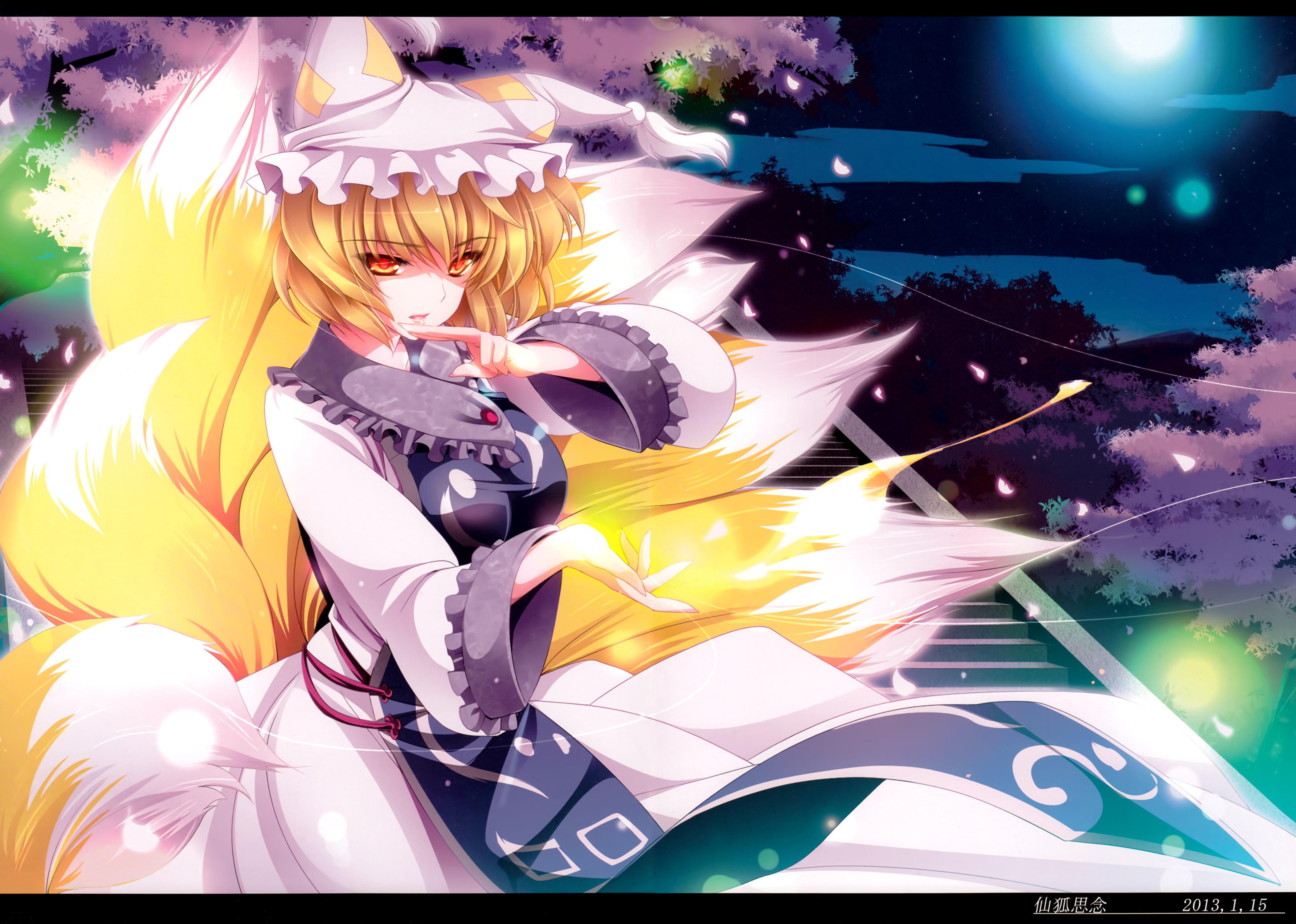 nine tails, red eyes, Touhou, Yakumo Ran, blonde, 4K, tail, HD Wallpaper