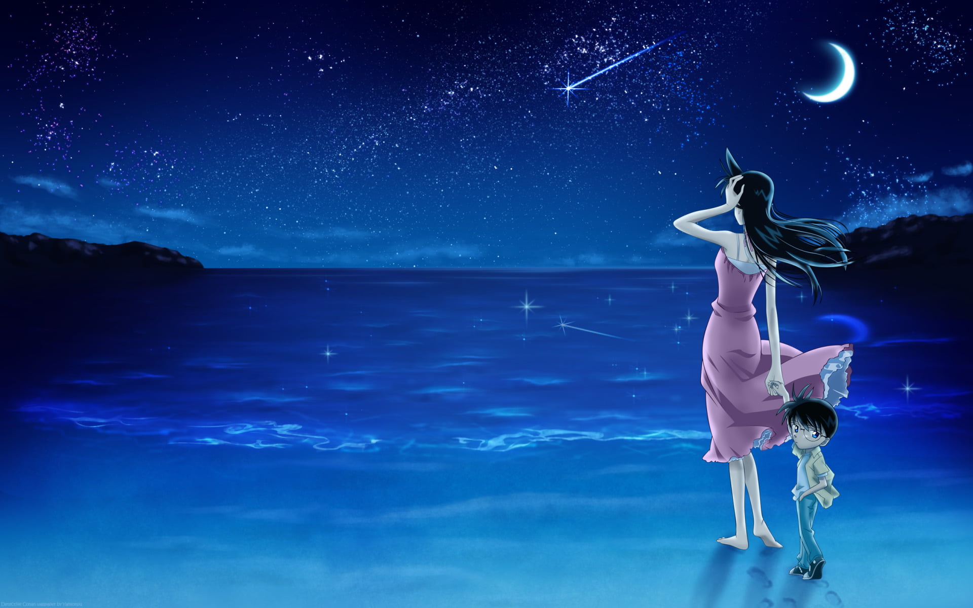 young women, sea, astronomy, women, Detective Conan, beautiful woman, water, swimming pool, nature, blue, 1080P, human arm, dress, one person, digital composite, HD Wallpaper