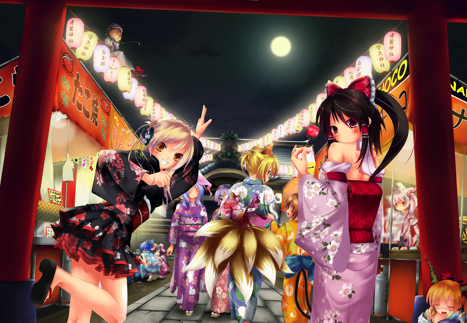 lifestyles, women, Chen, Fujiwara no Mokou, adult, 1080P, traditional clothing, illuminated, representation, outdoors, anime, anime girls, Yakumo Ran, HD Wallpaper