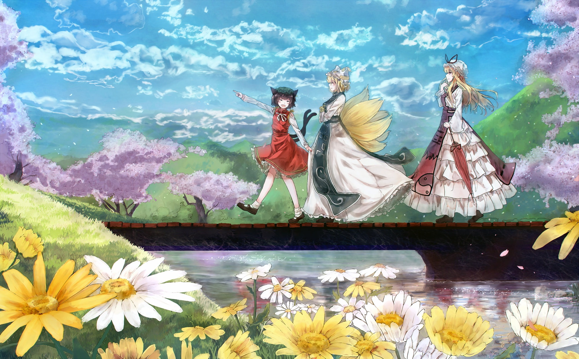 chen, niiii7, touhou, water, ran, 1080P, flowers, yakumo, yukari, HD Wallpaper