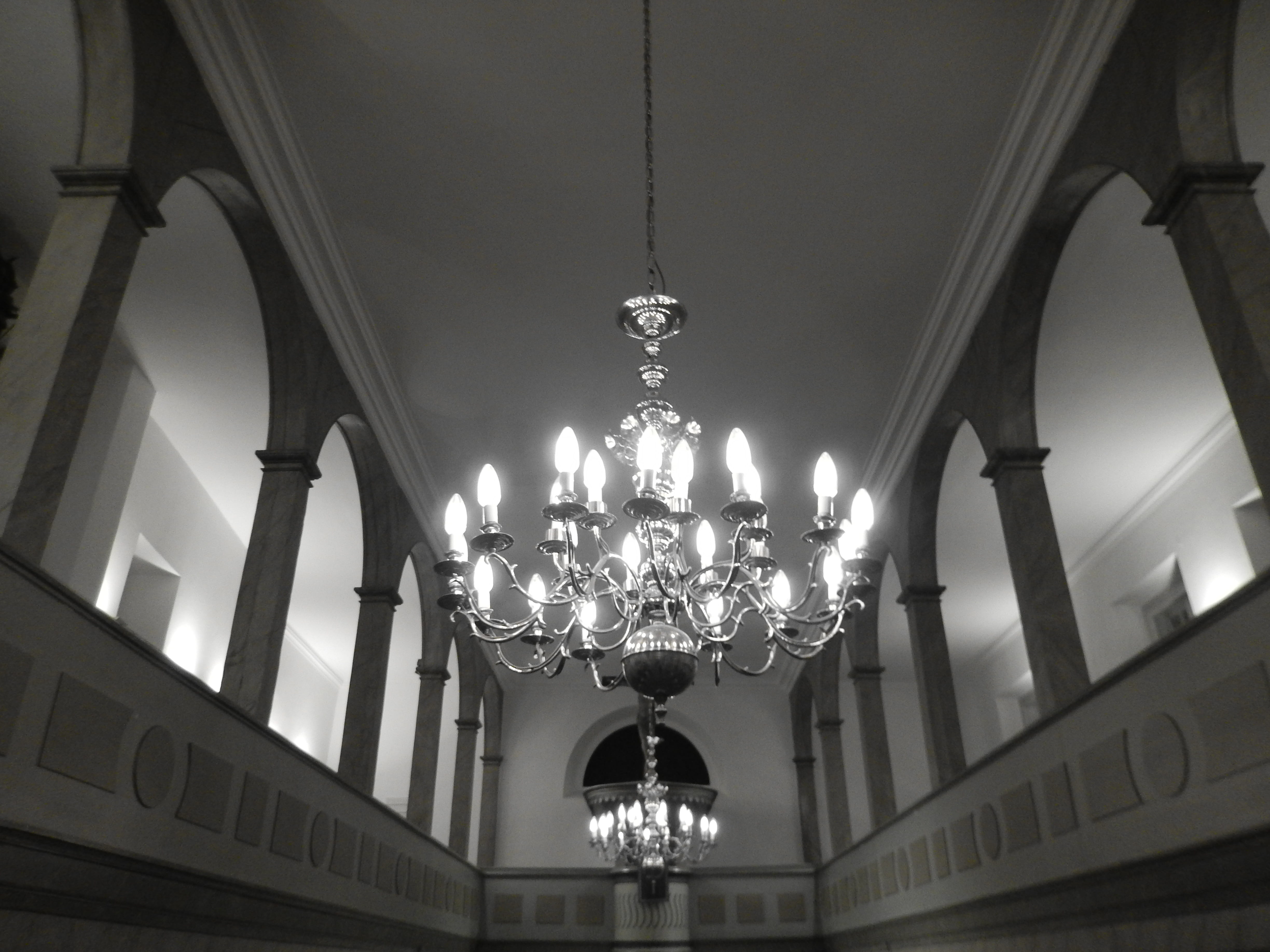 electricity, low angle view, no People, architectural Column, solemnly, light, church buildings, luxury, illuminated, arcades, black And White, 4K, decoration, HD Wallpaper