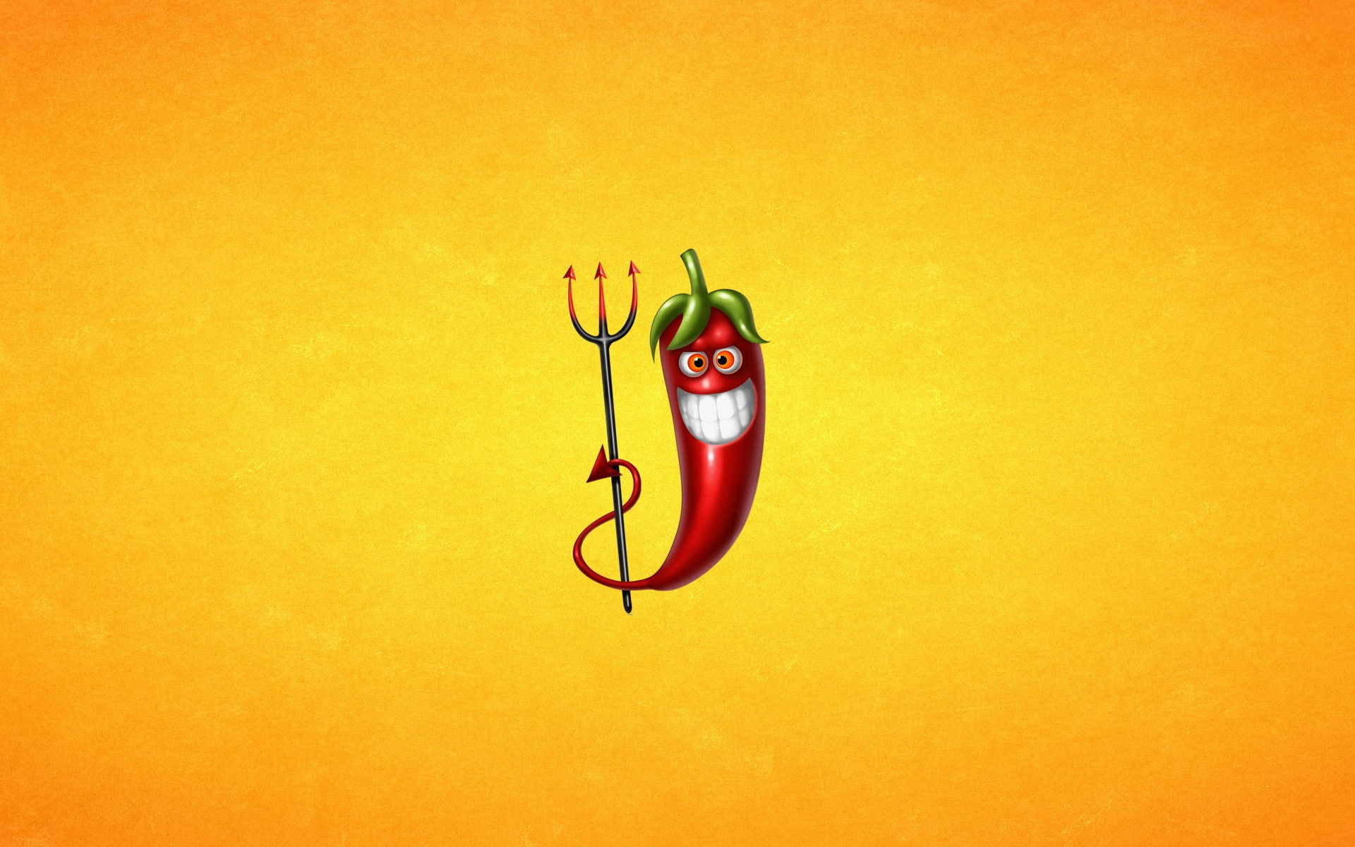 1080P, digital art, pitchforks, humor, minimalism, chilli peppers, yellow background, simple background, teeth, devils, HD Wallpaper