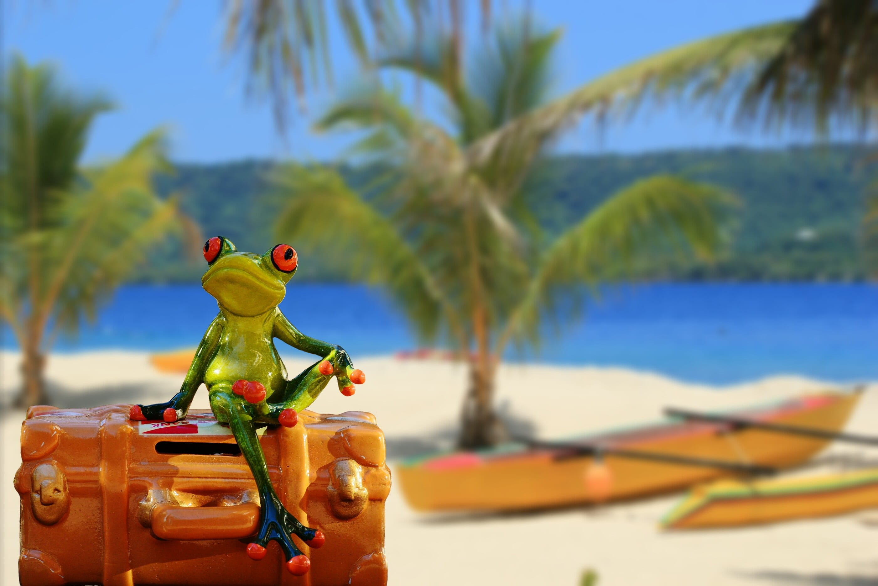 luggage, travel, travellers, holiday, holidays, departure, outdoors, funny, 2K, frog, sculpture, human representation, brown, yellow, water, beach, go away, HD Wallpaper