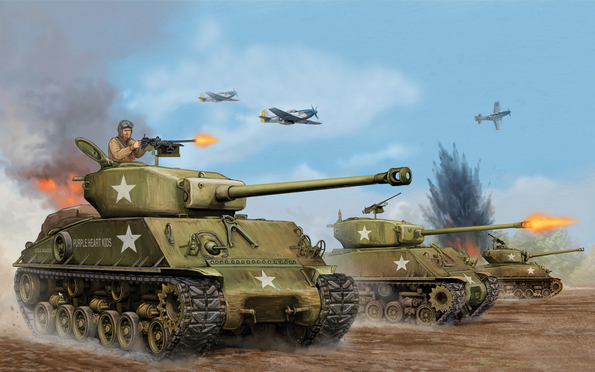 the, sky, battle, M4A3 E8, Easy, flying, nature, armed forces, motion, transportation, illustration, Flames of War, military, USA, the air, 1080P, art, HD Wallpaper
