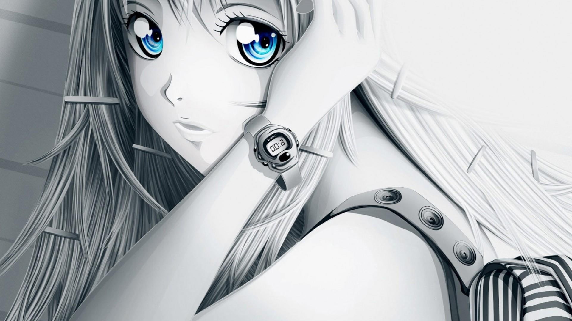 blue eyes, anime girl, girl, neck, monochrome, black and white, anime, anime art, mangaka, 1080P, long hair, illustration, artwork, HD Wallpaper