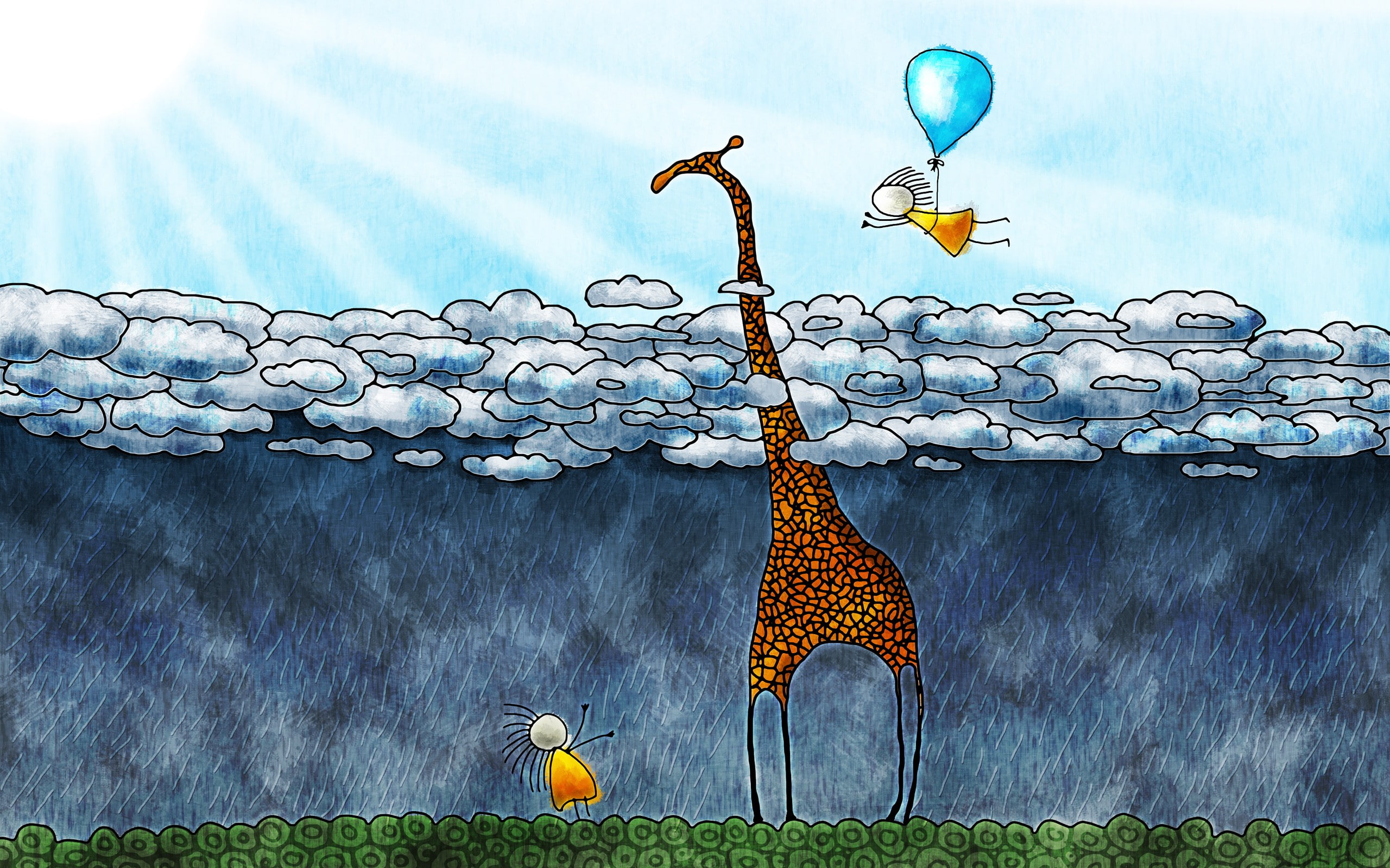 Vladstudio, balloon, clouds, anime, rain, flying, children, giraffes, Sun, drawing, nature, 2K, artwork, sun rays, fantasy art, animals, HD Wallpaper