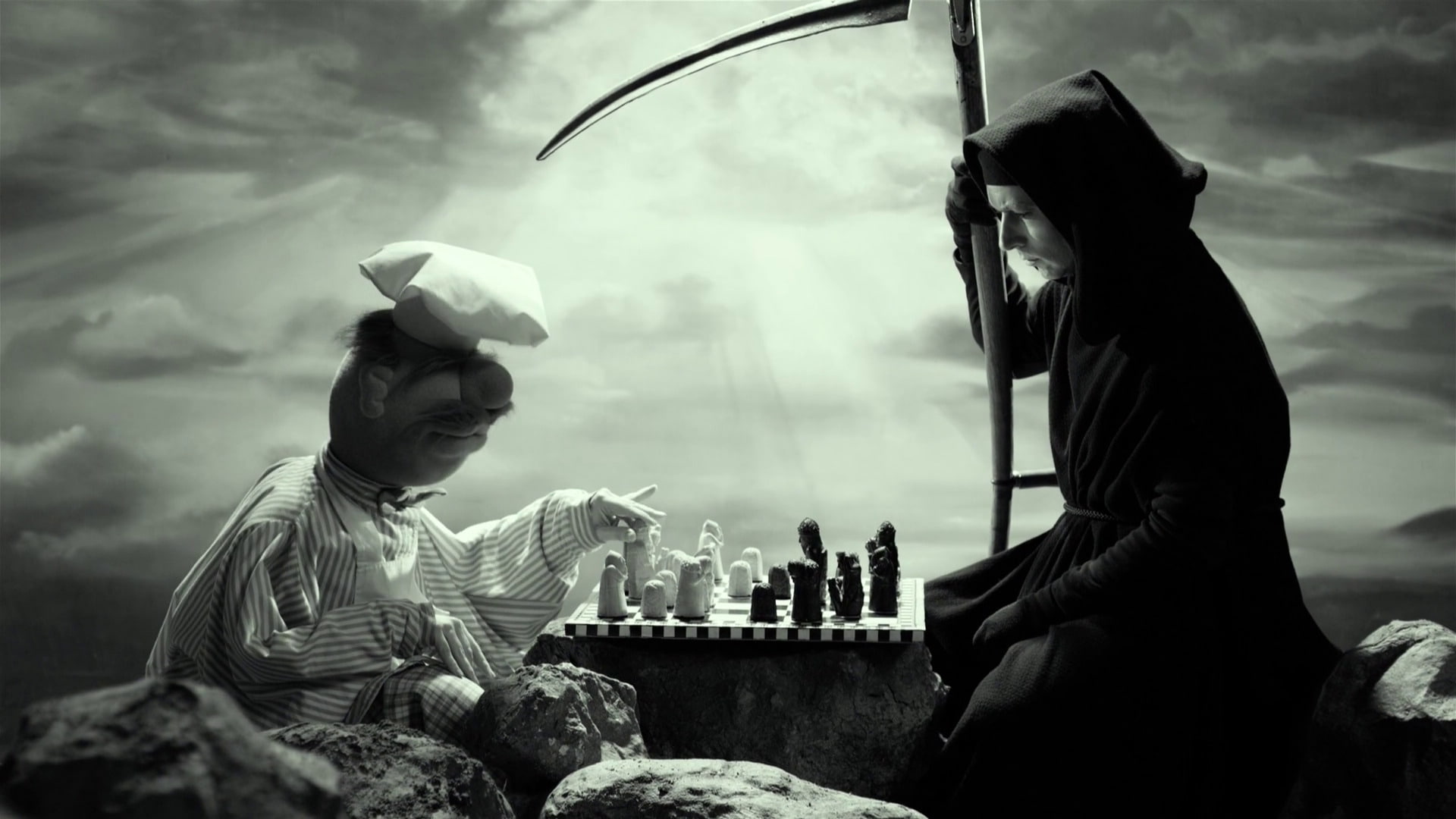 digital art grim reaper death dark scythe monochrome spooky chess board games rock sunlight clouds cook hoods hat the seventh seal movies artwork fan art pawns, HD Wallpaper