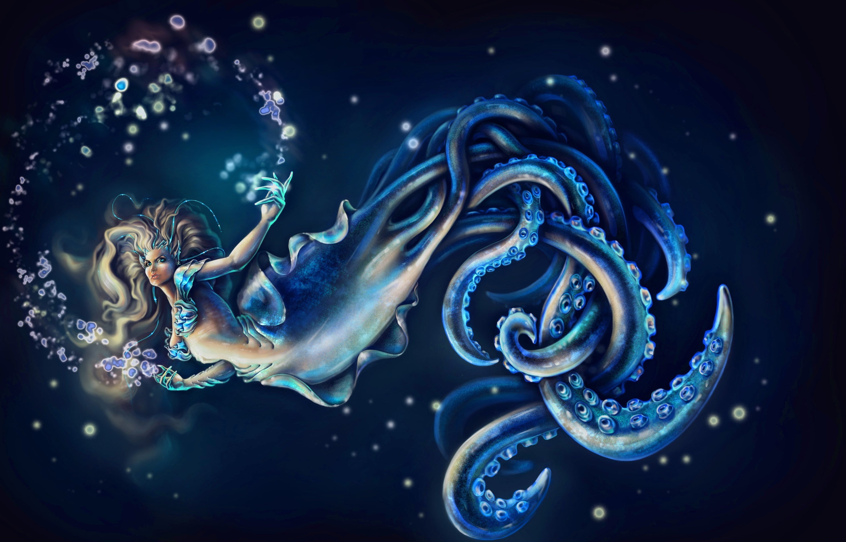 animals in the wild, underwater, angel, galaxy, outdoors, invertebrate, water, mermaids, fantasy, nature, no people, one animal, blue, 2K, artwork, animal themes, HD Wallpaper