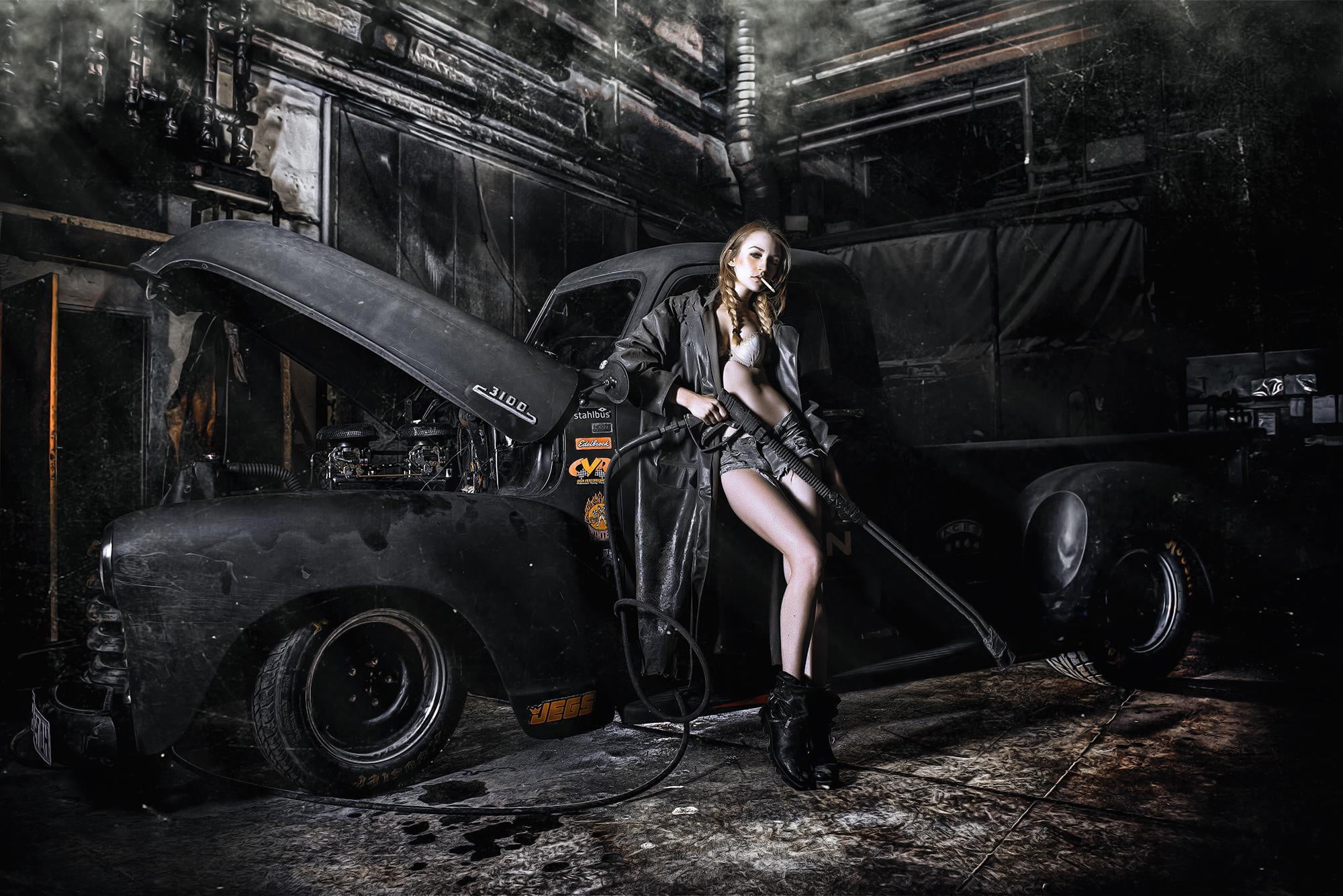 cigarette, beautiful woman, females, overcoa, young adult, transportation, young women, auto, leather, car wash, 1080P, machine, tire, pose, real people, HD Wallpaper