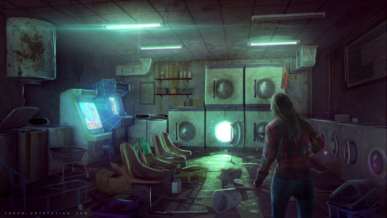 arcade, room, 720P, laundry, washing machine, dark, artwork, ArtStation, HD Wallpaper
