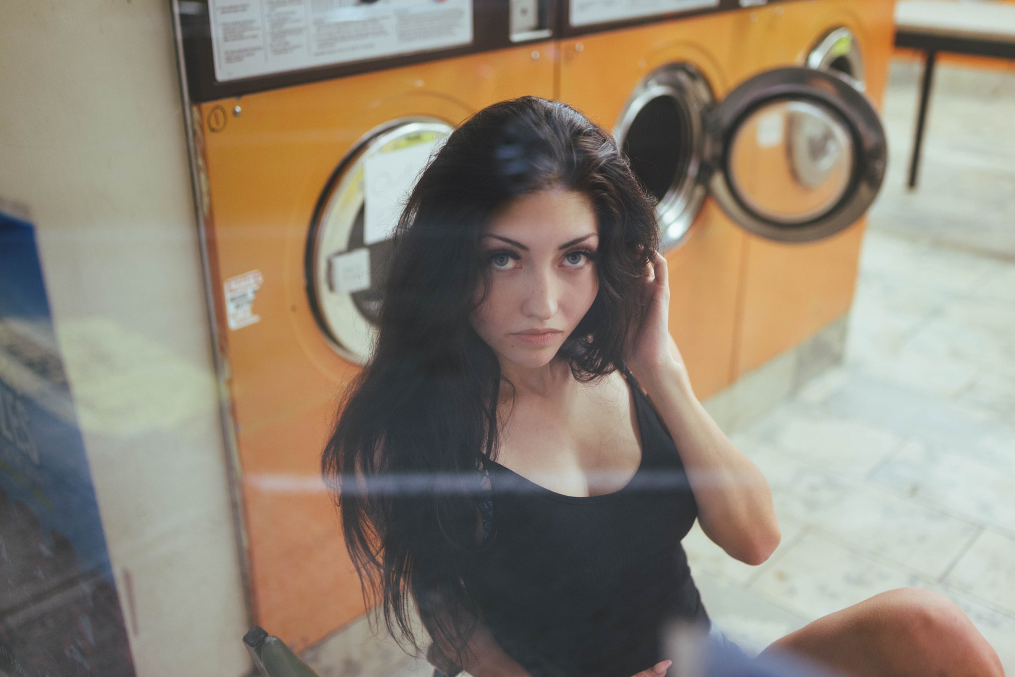 long hair, 1080P, front view, one person, contemplation, face, washing machine, women, real people, dark hair, black hair, lifestyles, looking at camera, HD Wallpaper