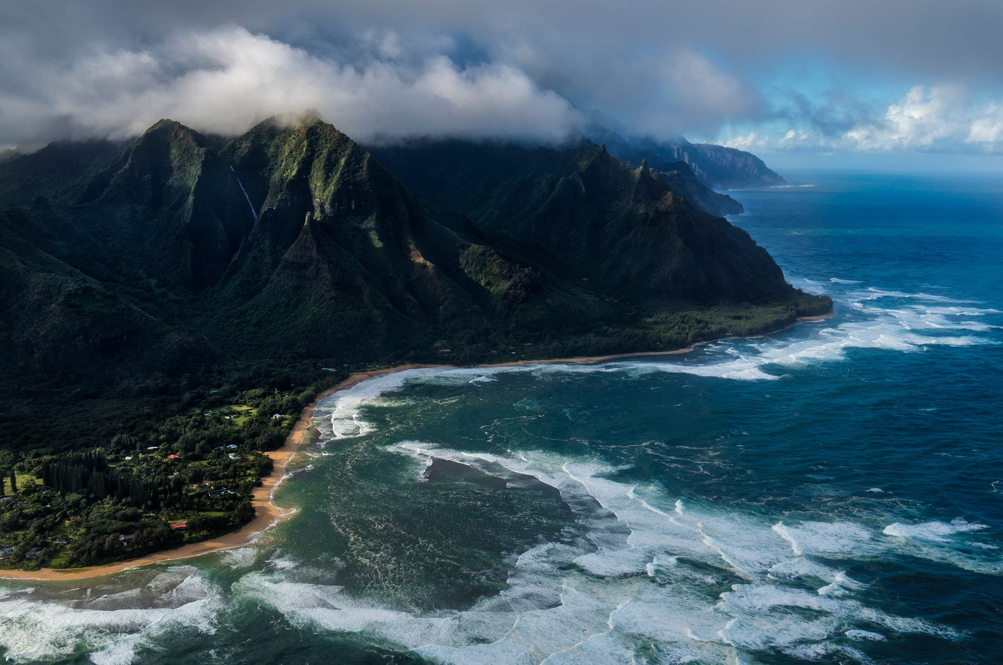 aerial view, environment, rock, Hawaii, scenics - nature, mountain range, outdoors, no people, motion, sport, cloud - sky, aquatic sport, mountains, birds eye view, HD Wallpaper