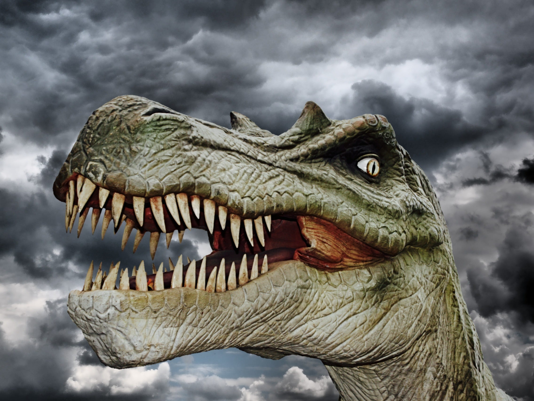 jurassic park, clouds, animal wildlife, dinosaur, nature, sculpture, horror, gloomy, mouth open, predator, animal, animal teeth, fear, cloud - sky, animal body part, HD Wallpaper