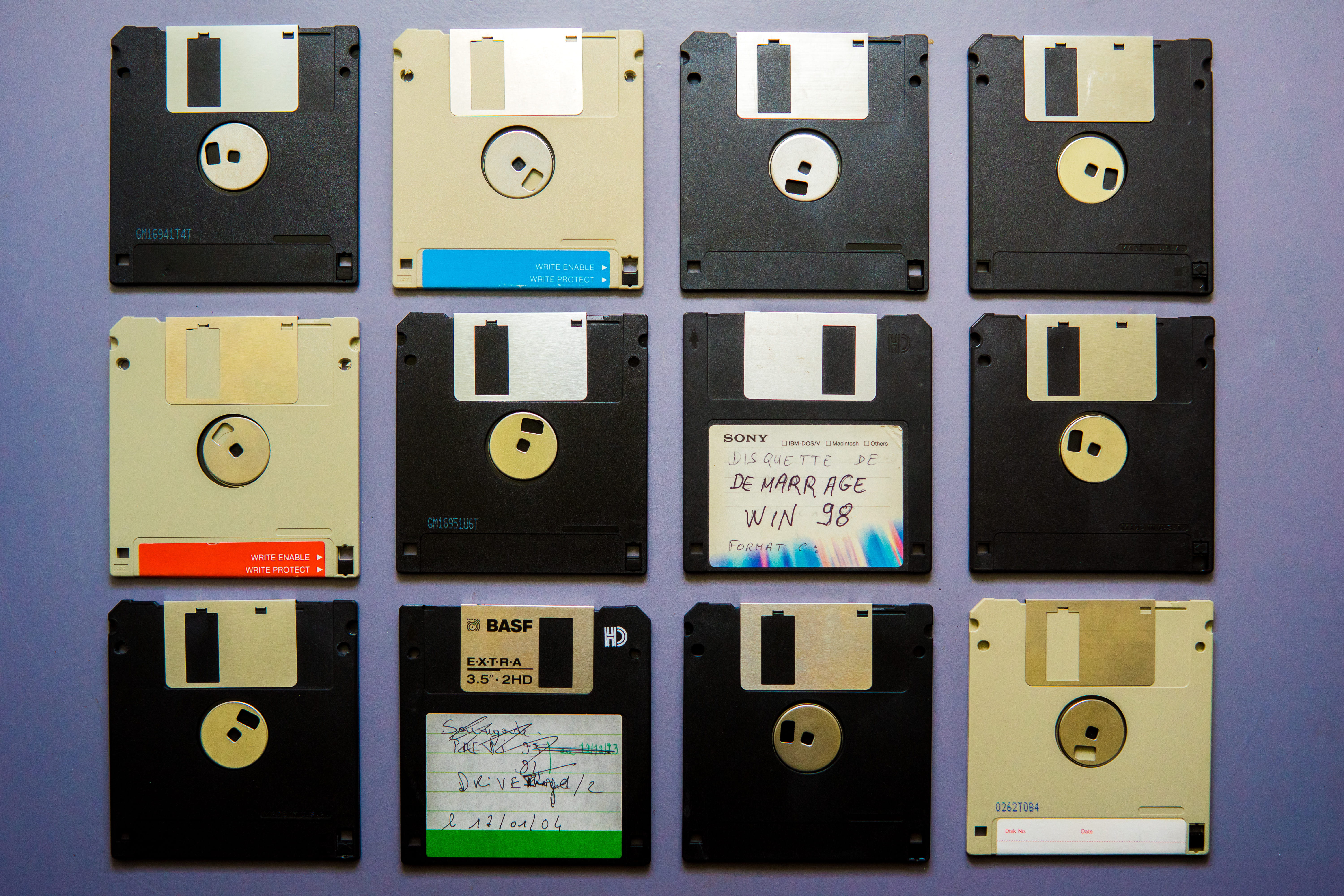 container, number, floppy disc, variation, electrical equipment, no people, technology, multi colored, in a row, choice, communication, vintage, color, HD Wallpaper