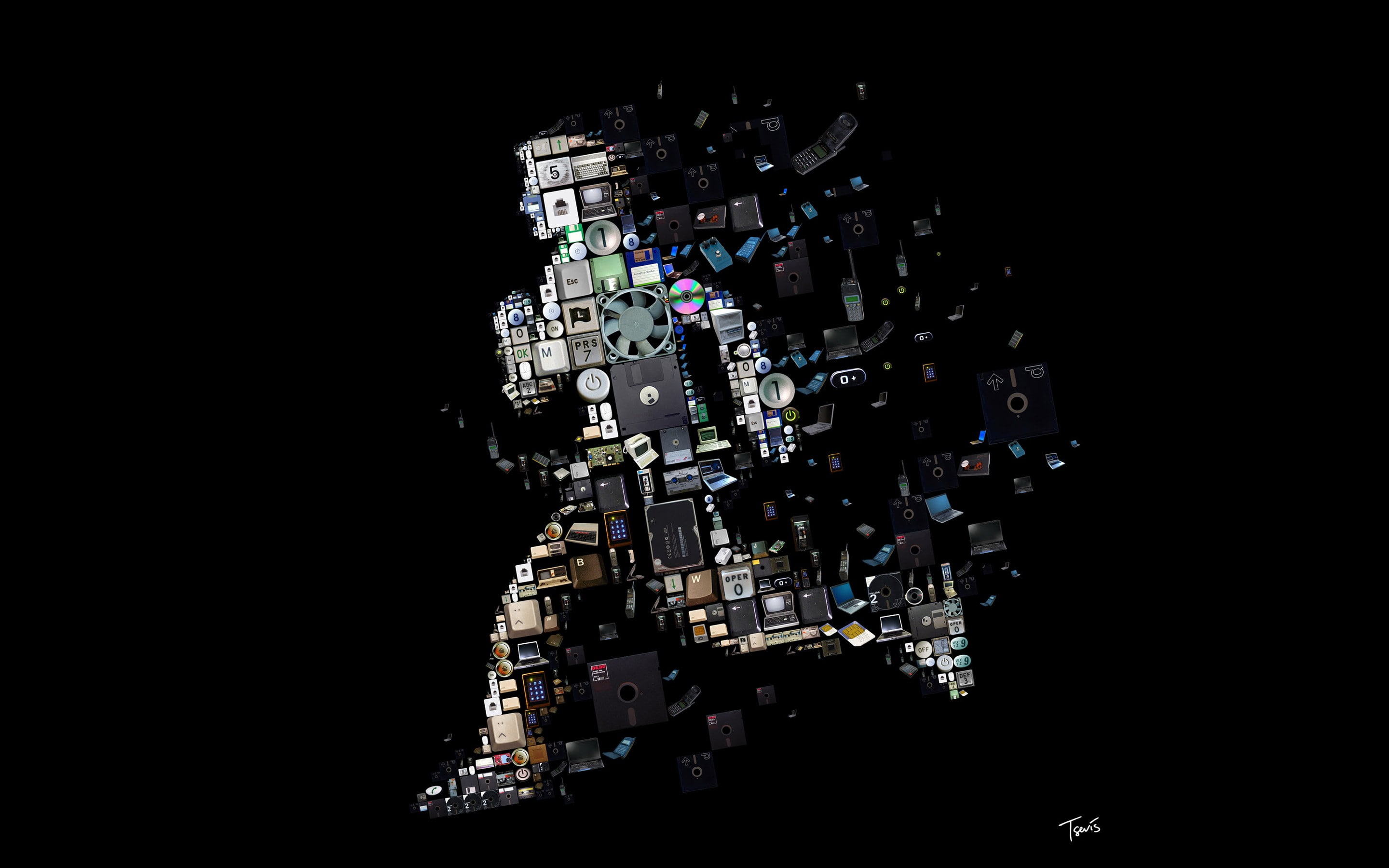 Running, digital art, Compact disc, Phone, men, Fans, numbers, Keyboards, 2K, black background, imagination, technology, monitor, Simple, computer, laptop, HD Wallpaper