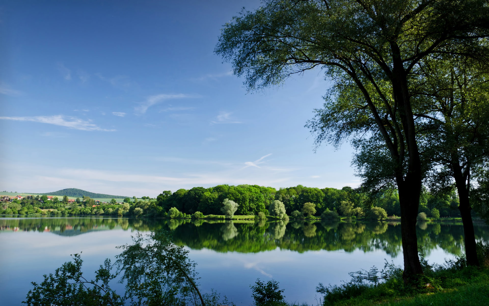 art, Trees, x, REFLECTION, 1920x1200 px, Blue, nature, hello, anime, 1080P, lake, kitty, px, water, hd, sky, HD Wallpaper