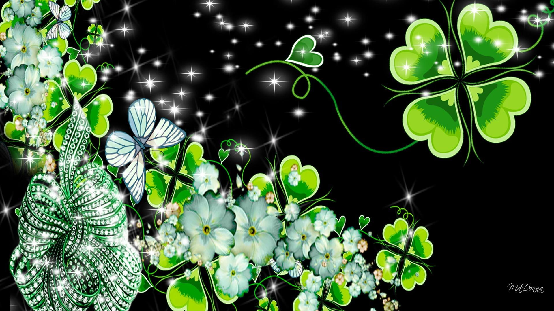 ireland, flowers, shining, clover, 1080P, sizzle, irish, shamrocks, floral, saint, butterfly, green, abstract, patricks day, HD Wallpaper