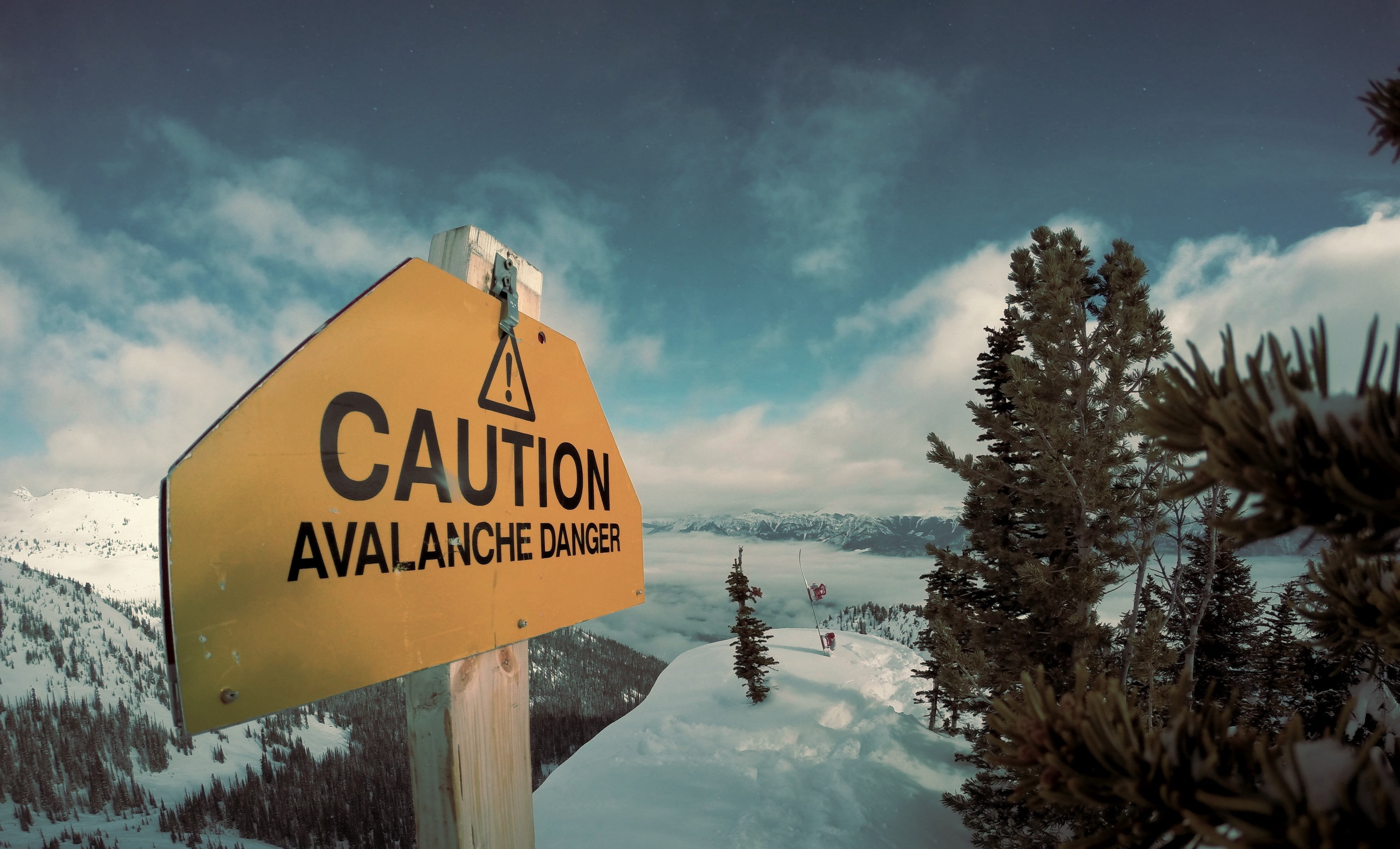 cloud - sky, sign, text, caution, information, trees, communication, clouds, sky, water, nature, western script, winter, beauty in nature, 4K, no people, HD Wallpaper