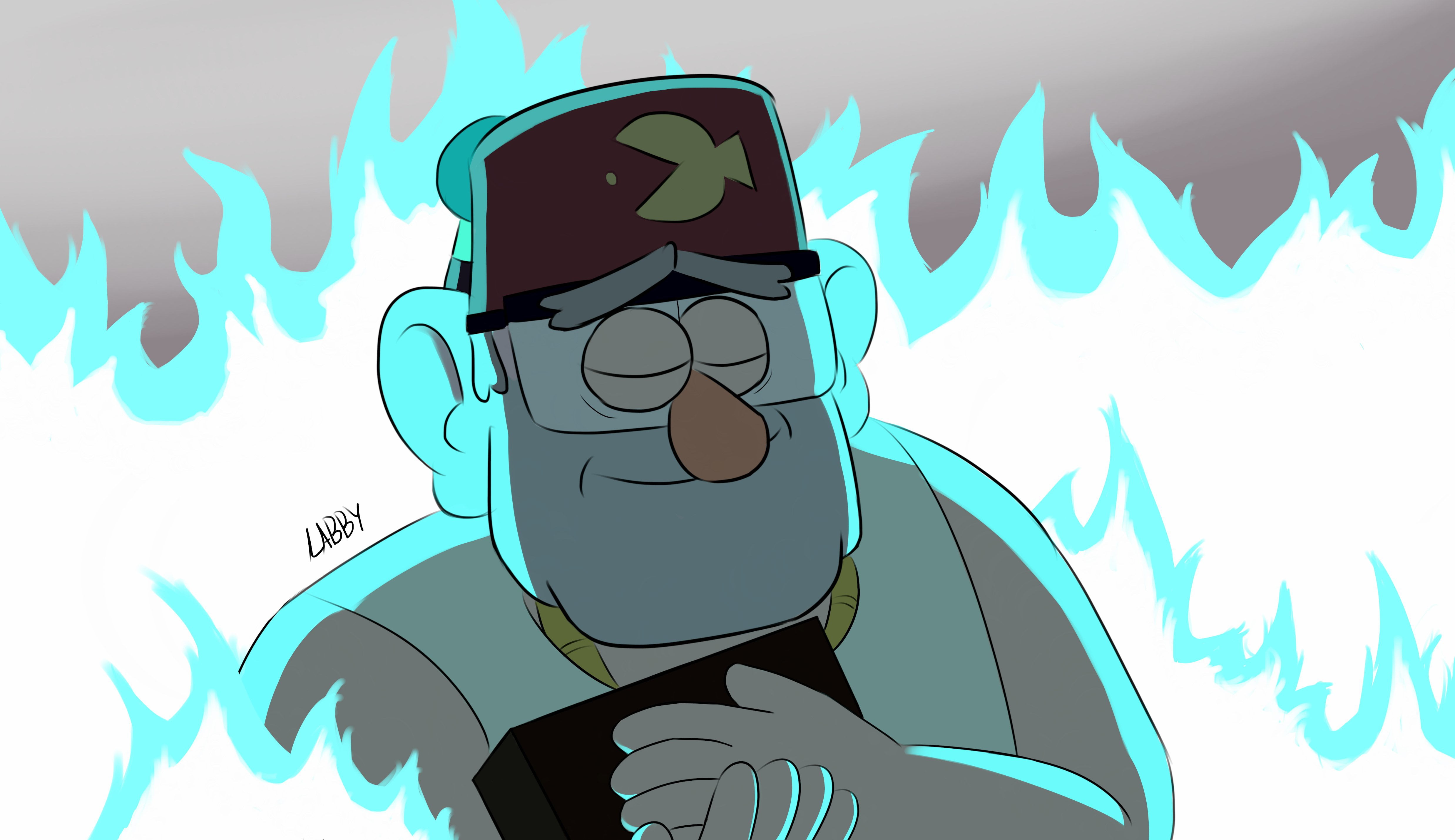 fish, hat, blue, stan pines, cartoon, fire, 4K, grandpa, Gravity Falls, HD Wallpaper