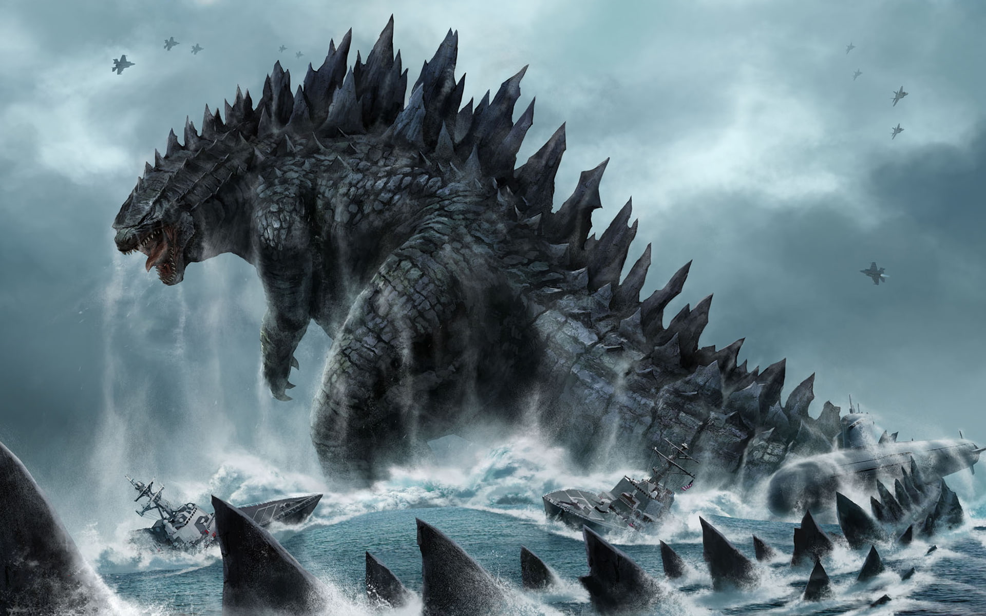 movies, giant, 1080P, monster, ships, jets, godzilla, hd, HD Wallpaper