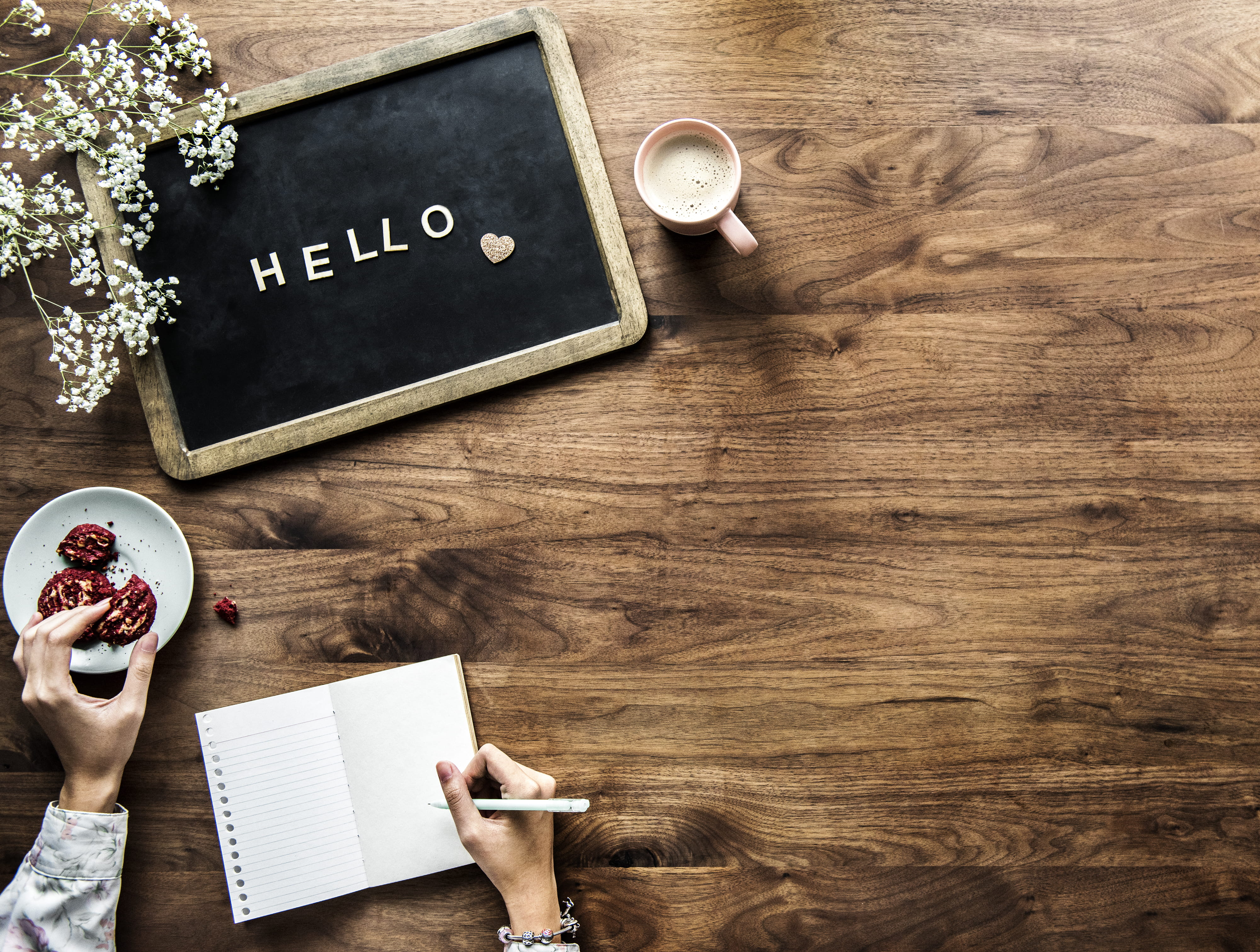 table, education, papers, wooden, flowers, woman, notepad, working, indoors, near, high angle view, message, coffee, handwriting, flatlay, wood, cookie, HD Wallpaper