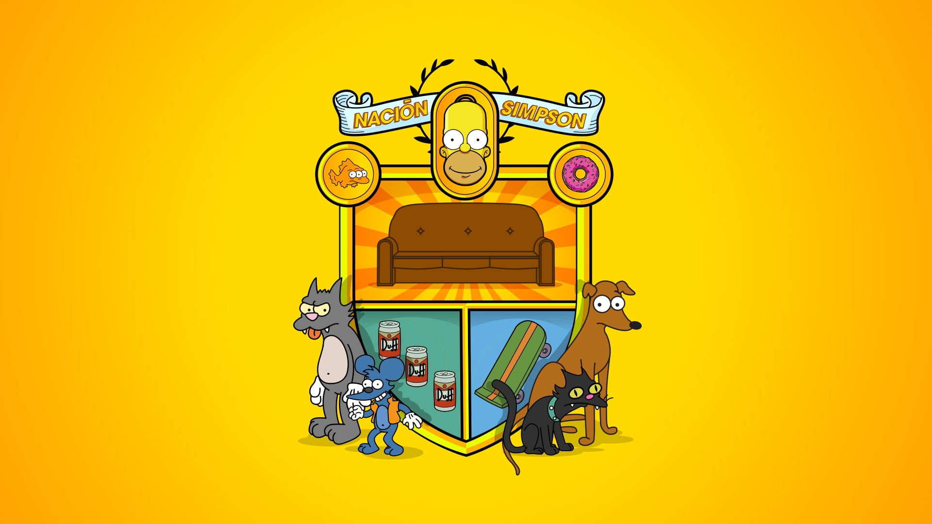 architecture, Homer Simpson, sign, built structure, no people, yellow background, art and craft, communication, wall - building feature, 1080P, simpsons, HD Wallpaper