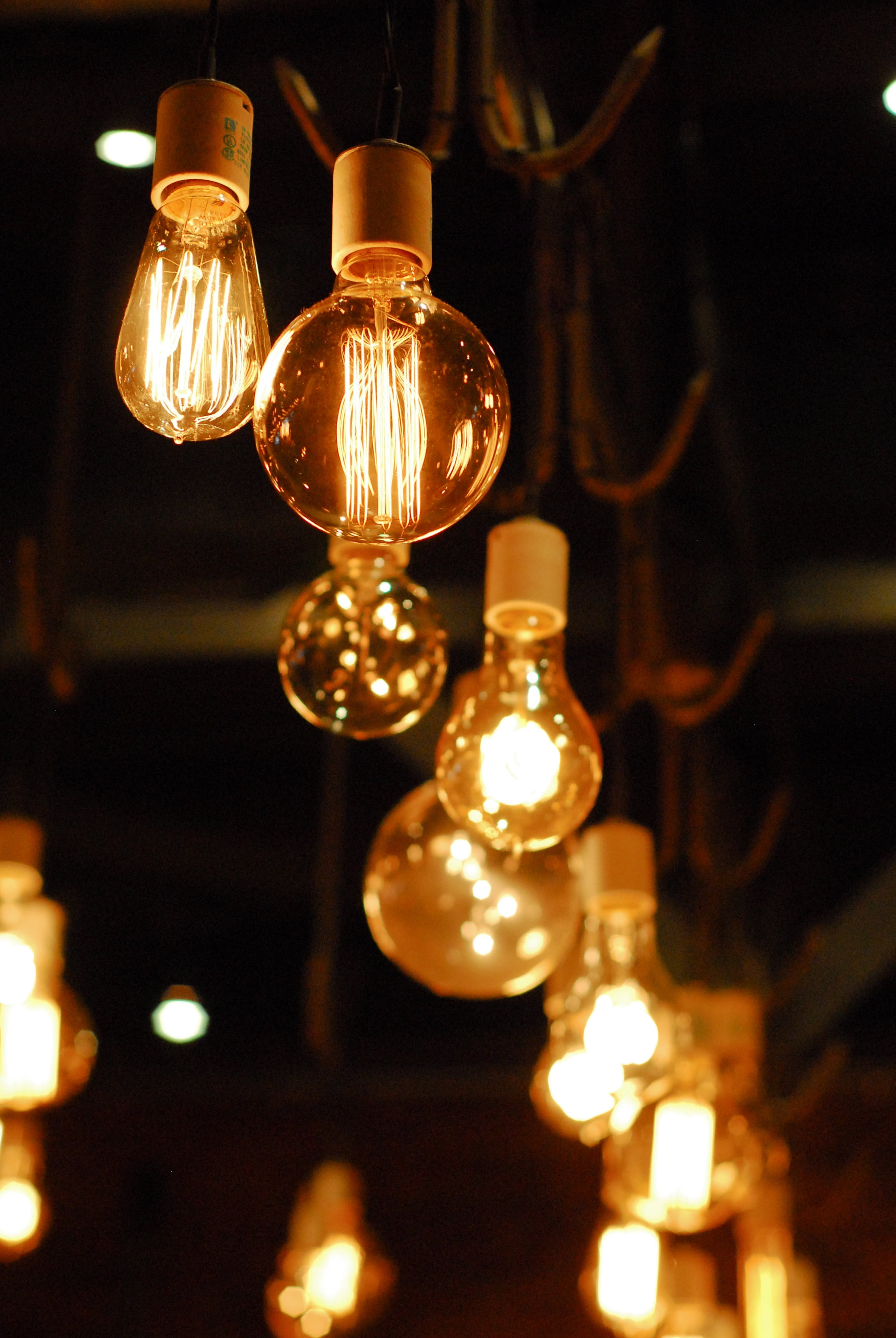 lamps, ceiling, lightbulb, glass - material, bottle, low, selective focus, power supply, decoration, hanging, close-up, photography, low angle view, light bulb, Phone HD Wallpaper