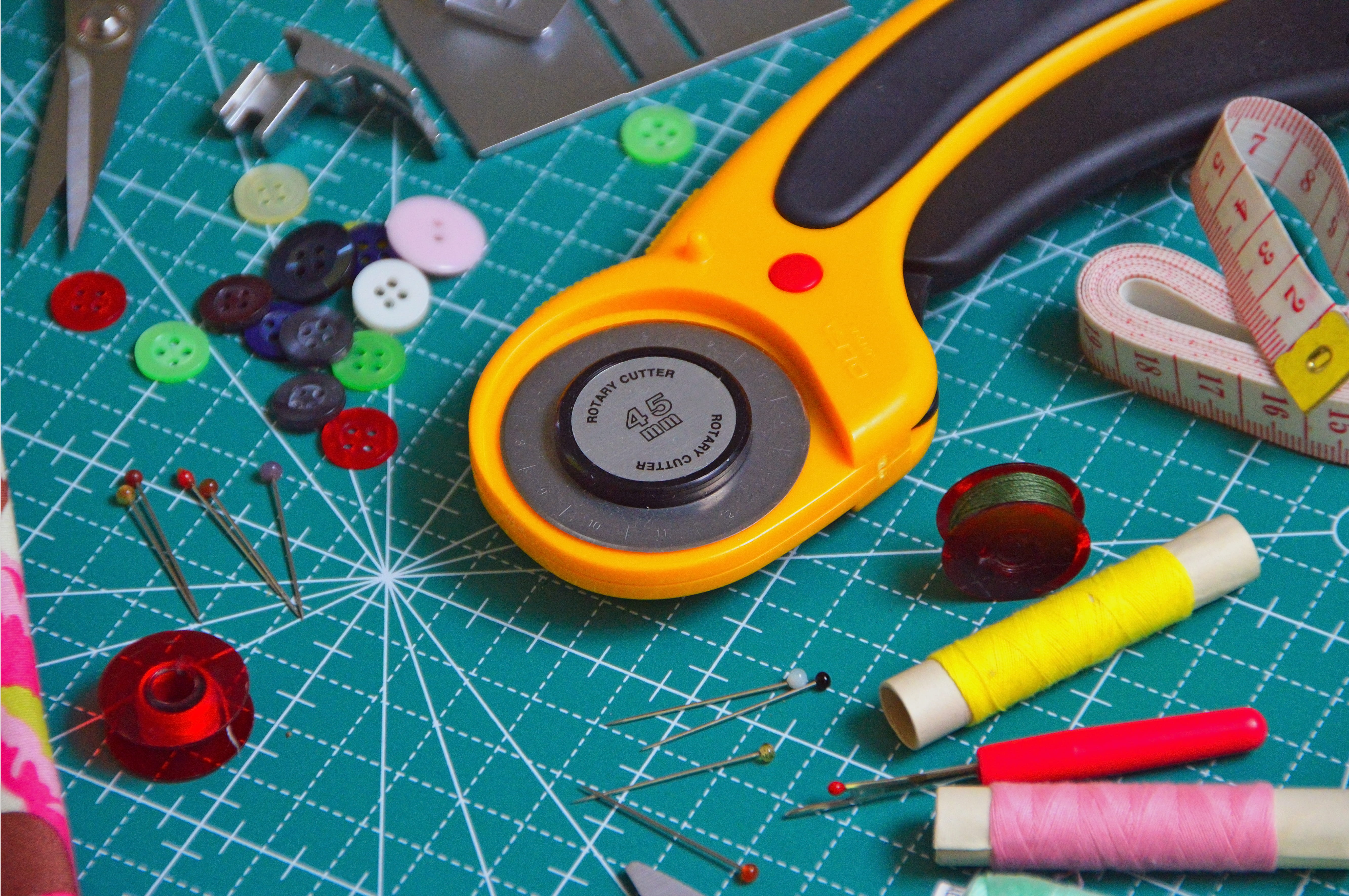 threads, machine, art and craft, tape measure, background, color, metal, high angle view, pins, indoors, western script, tools, 5K, table, directly above, HD Wallpaper