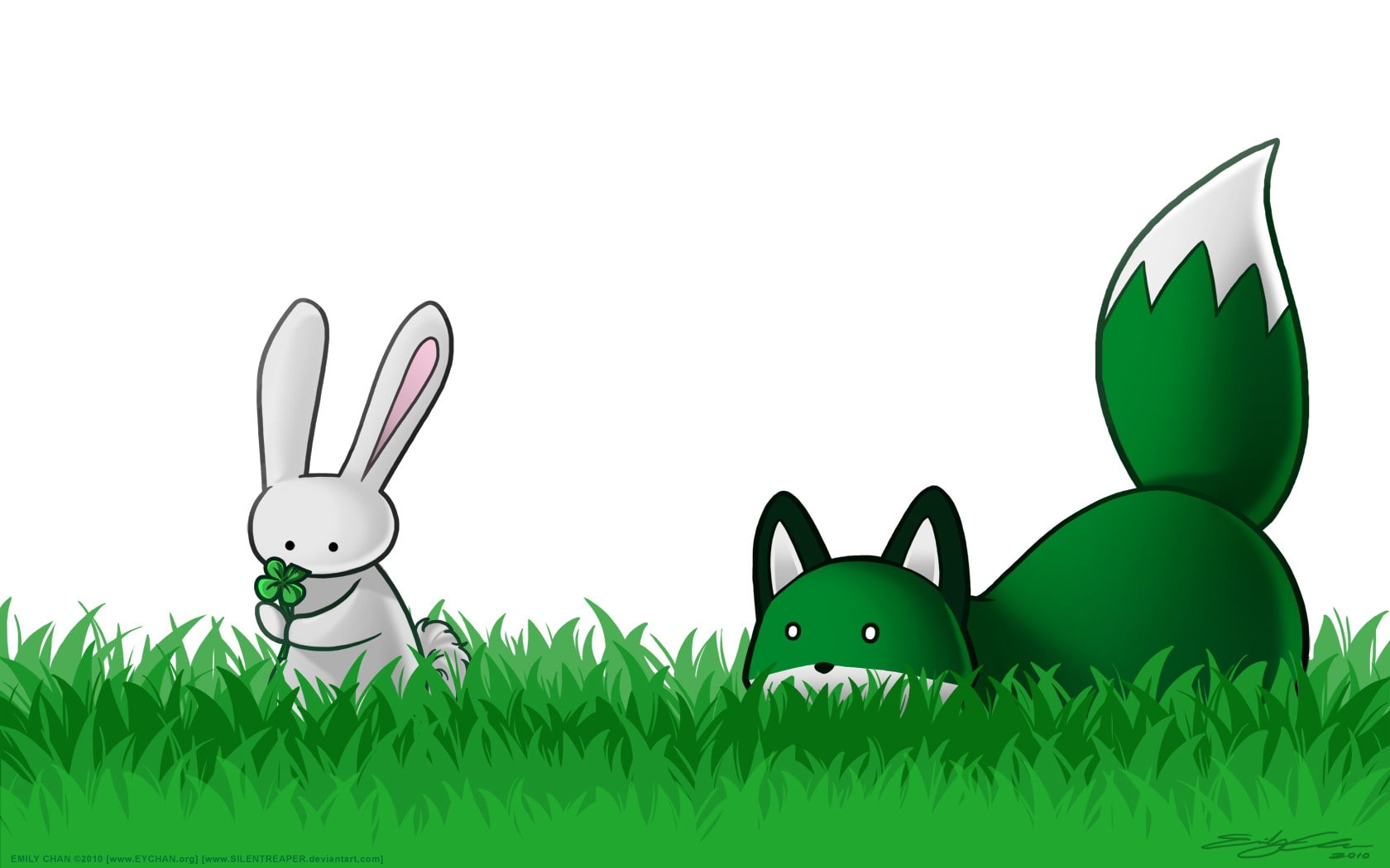 animals, fox, holiday, grass, rabbits, stupid fox, Shamrock, 720P, HD Wallpaper