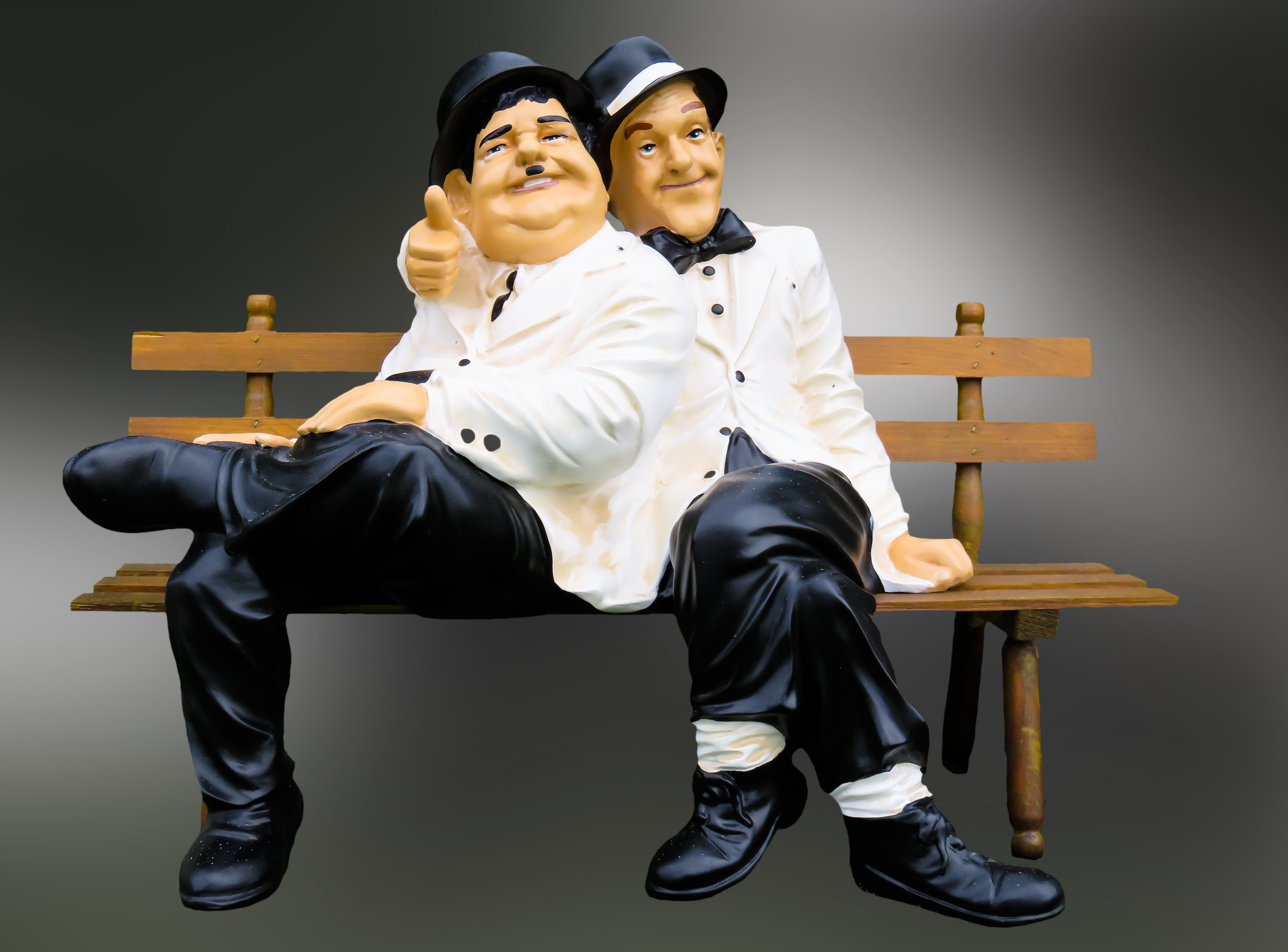 adult, figurine, figures, cinema, clothing, people, seat, togetherness, melon, indoors, stan laurel, full length, 4K, bank, two people, young adult, portrait, HD Wallpaper