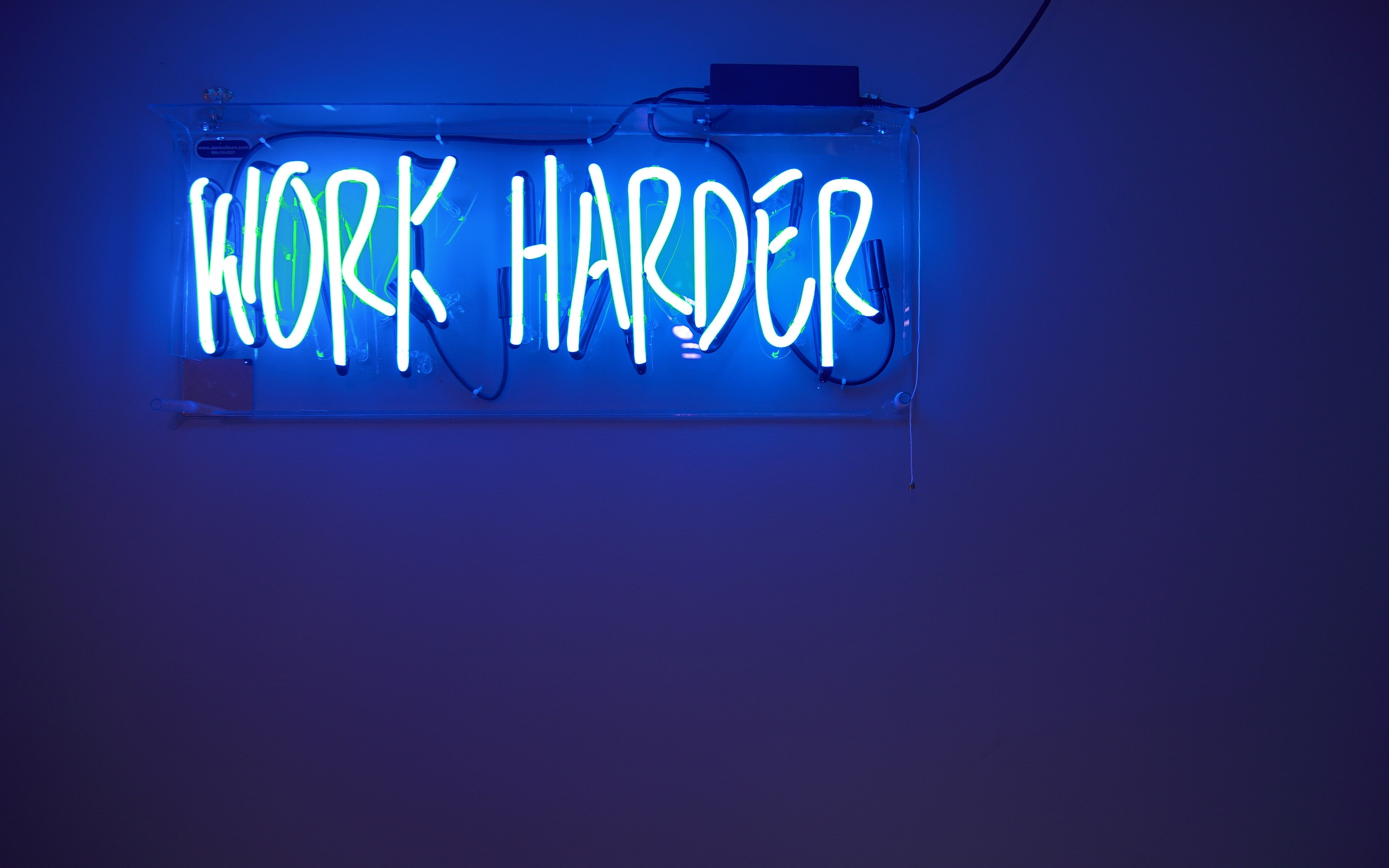 blue background, purple, electricity, architecture, indoors, sign, night, work harder, colored background, studio shot, text, no people, wall - building feature, HD Wallpaper