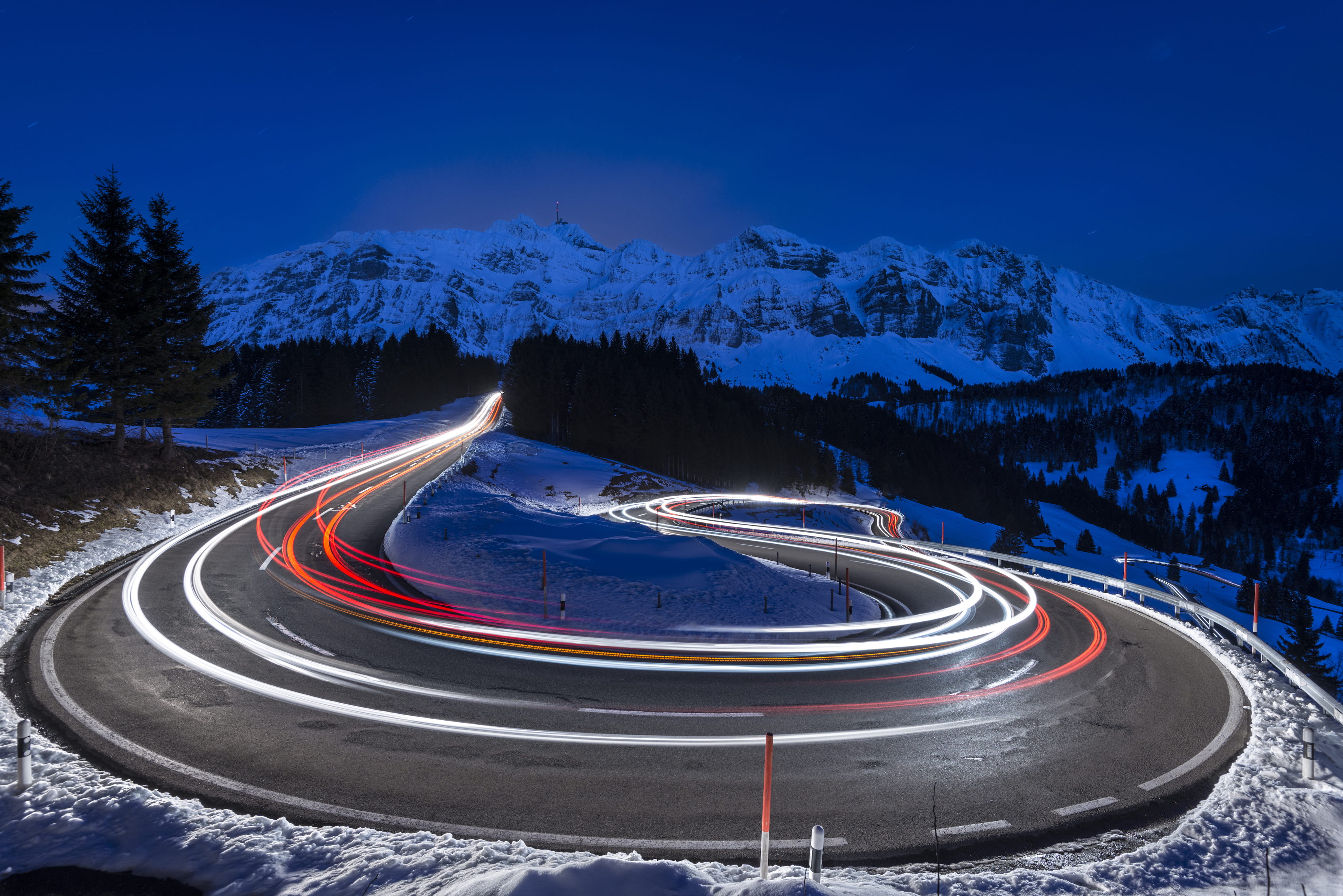 cool backgrounds, winter, cold temperature, säntis, schwaegalp, curve, hd backgrounds, tunnel, asphalt, switzerland, winding road, photography, night, road, HD Wallpaper