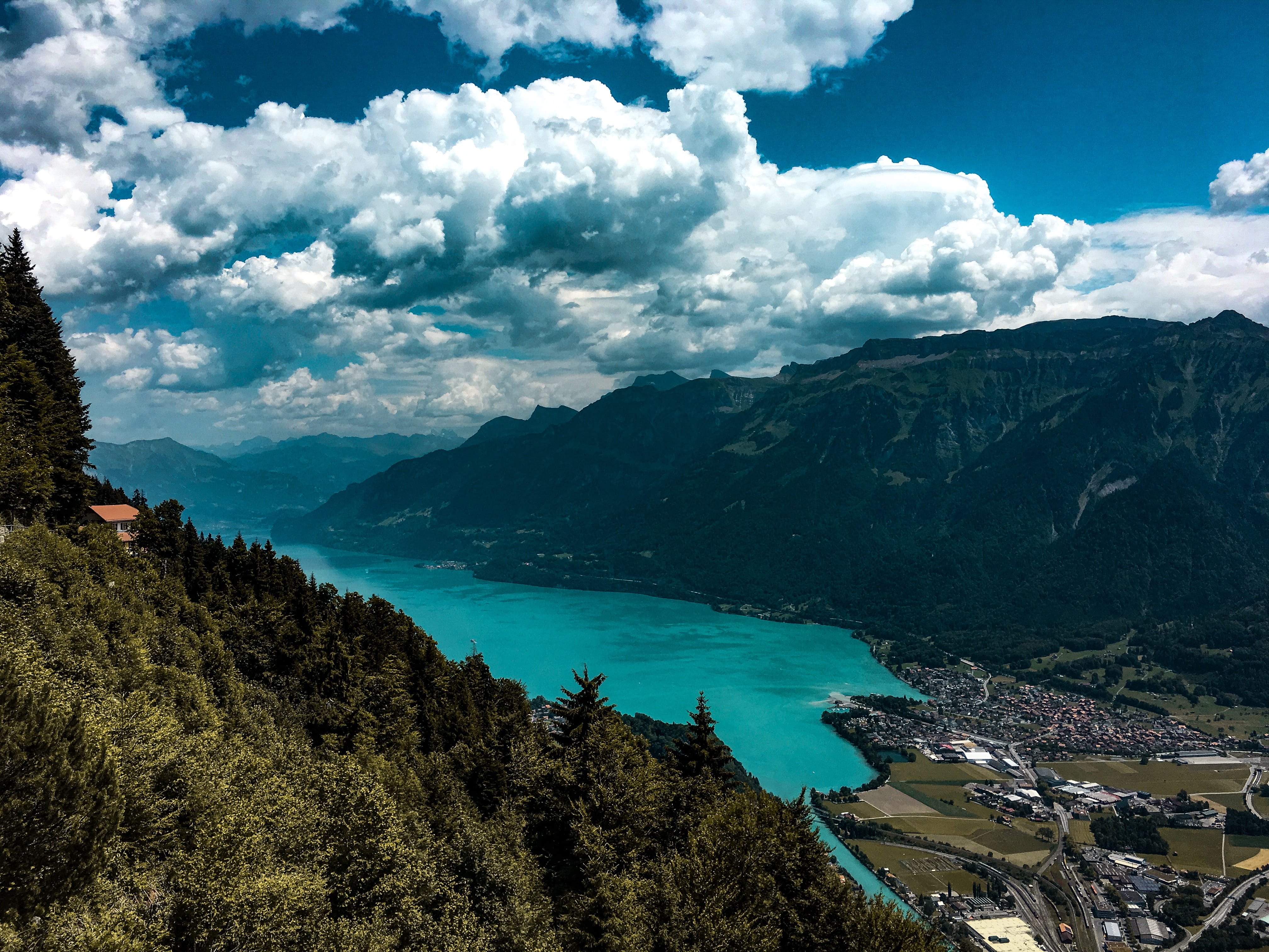 4K, plant, beauty in nature, sky, scenics - nature, trees, water, non-urban scene, forest, cloud - sky, mountain range, interlaken, tranquility, sea, heaven, HD Wallpaper