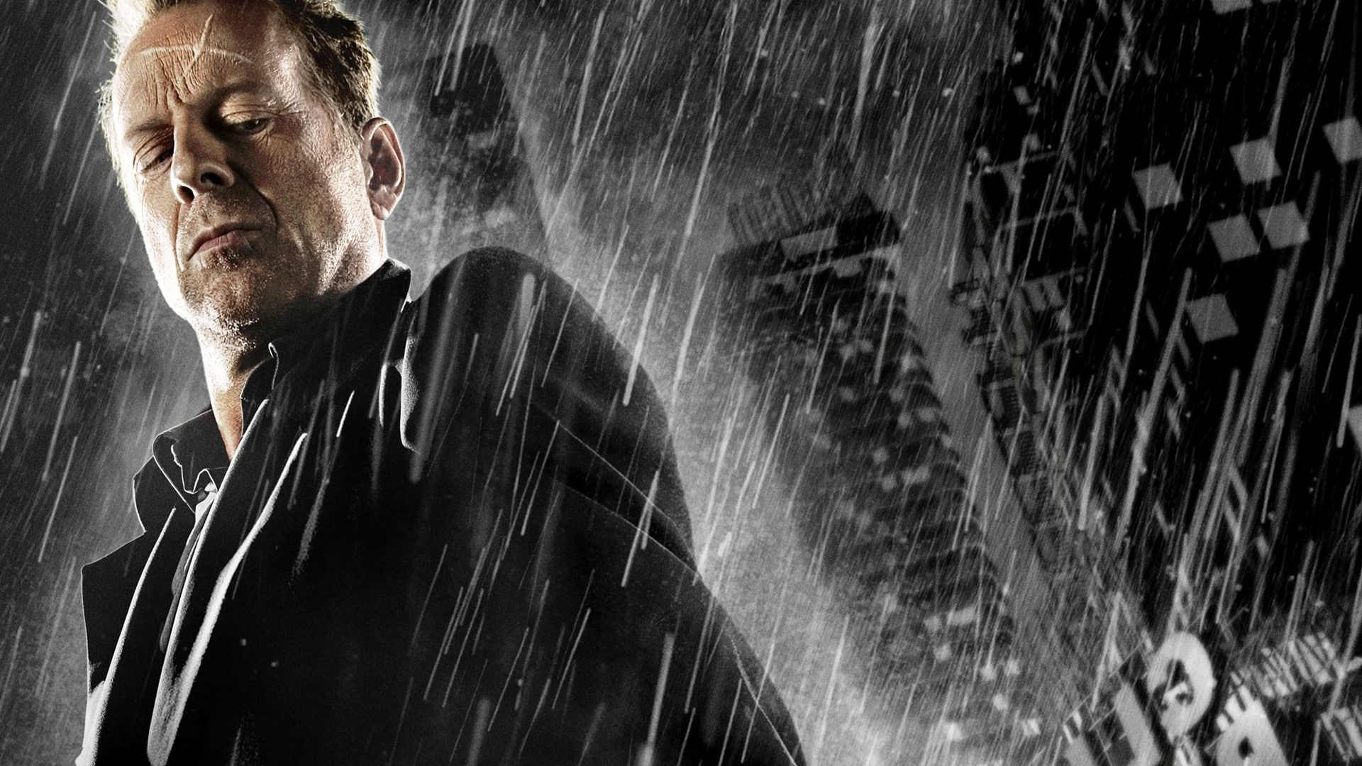 x, rain, sin, actors, city, 1080P, monochrome, movies, people, willis, posters, art, celebrity, hd, bruce, HD Wallpaper