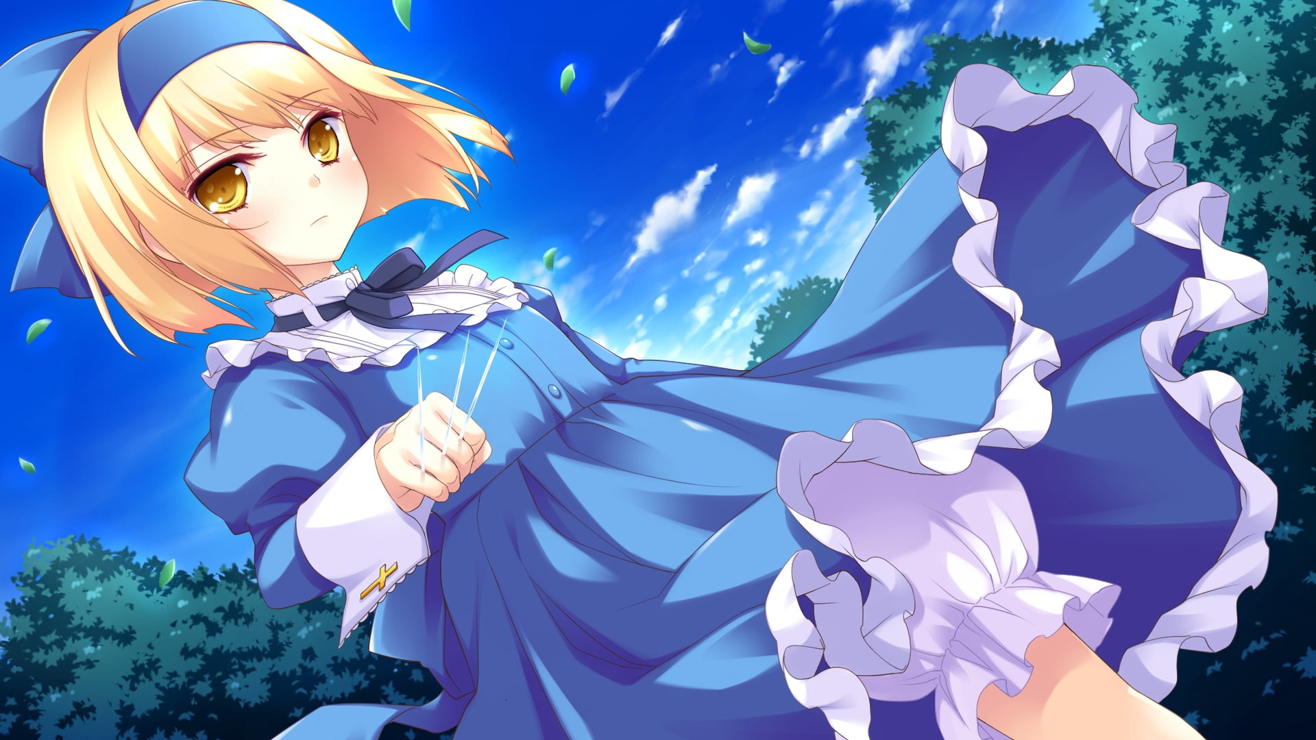 outdoors, blue, kuroyukihime, female, girl, sunlight, blonde, foliage, cloud - sky, art and craft, plant, wind, animal, animal themes, dress, day, 1080P, HD Wallpaper