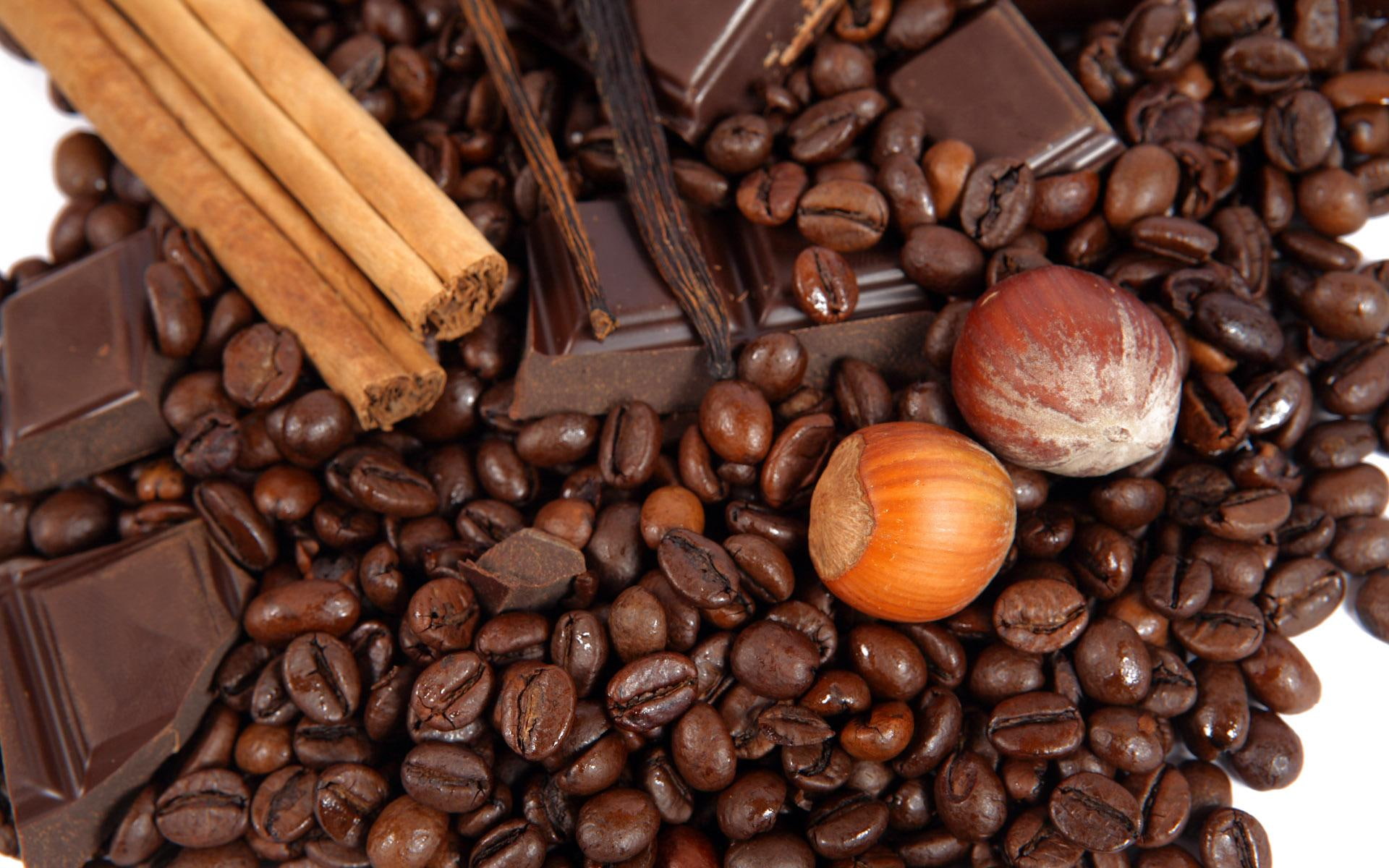 3d and abstract, something, dark, 1080P, cinnamon, hazelnuts, chocolate, coffee beans, HD Wallpaper